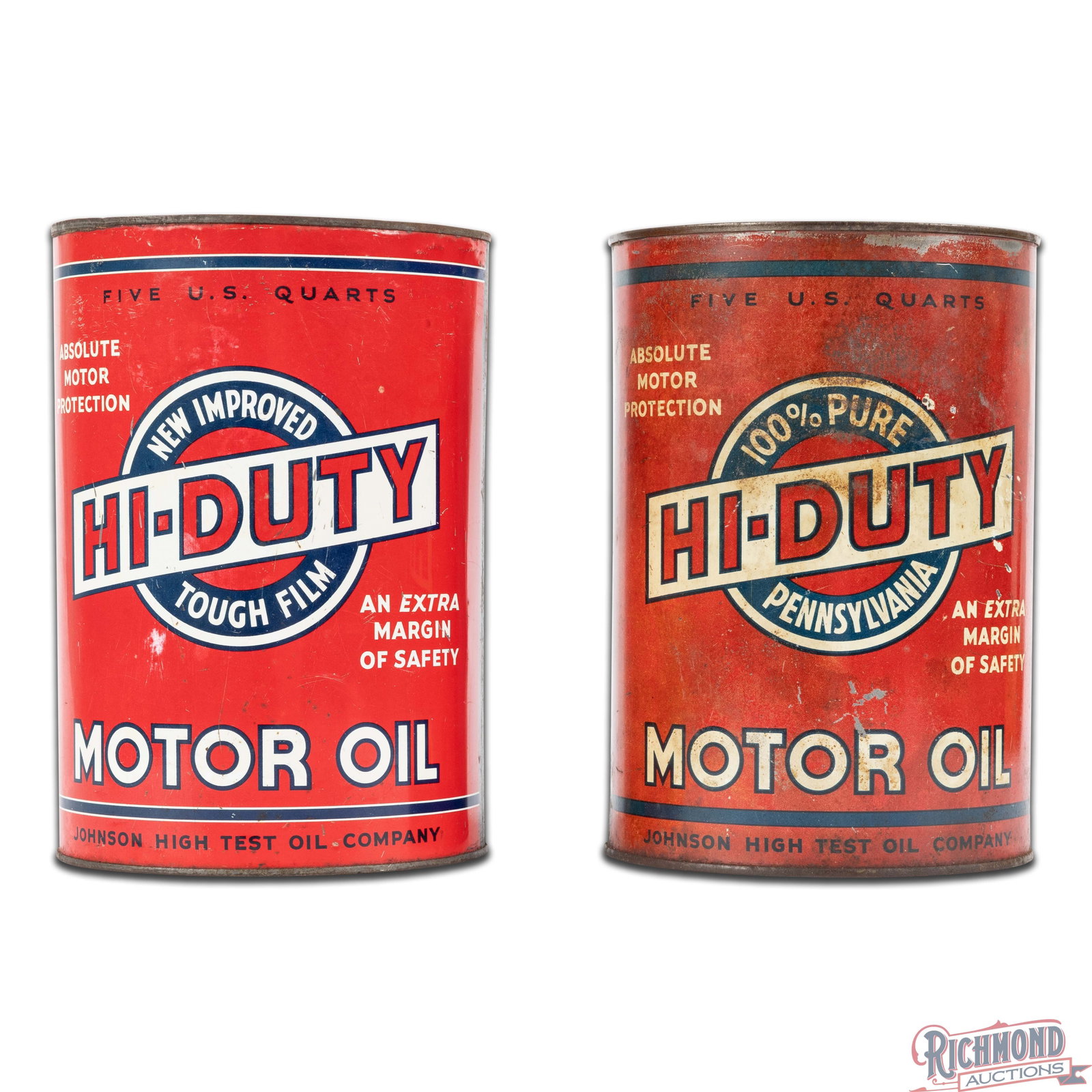 Pair of Johnson Hi-Duty Empty 5 Quart Metal Motor Oil Cans - 3