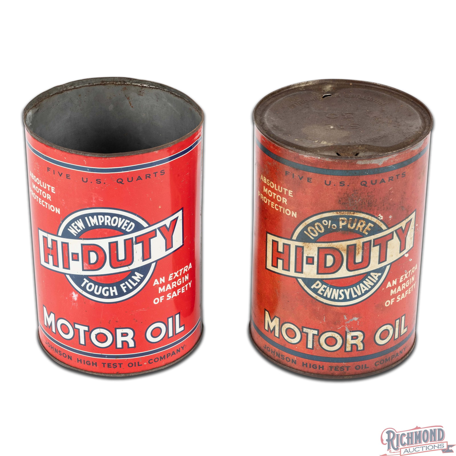 Pair of Johnson Hi-Duty Empty 5 Quart Metal Motor Oil Cans - 4