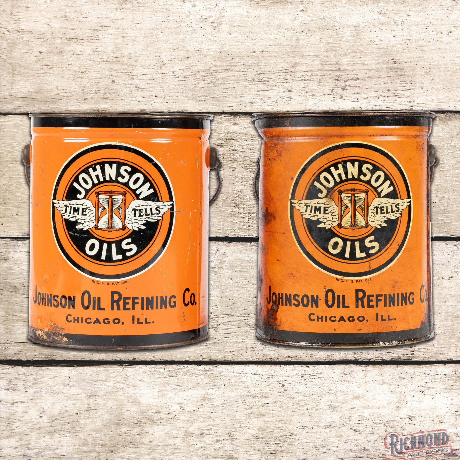 Pair of Johnson Oil Refining Co. Ten Pound Grease Cans w/ Logo (1 of 4)