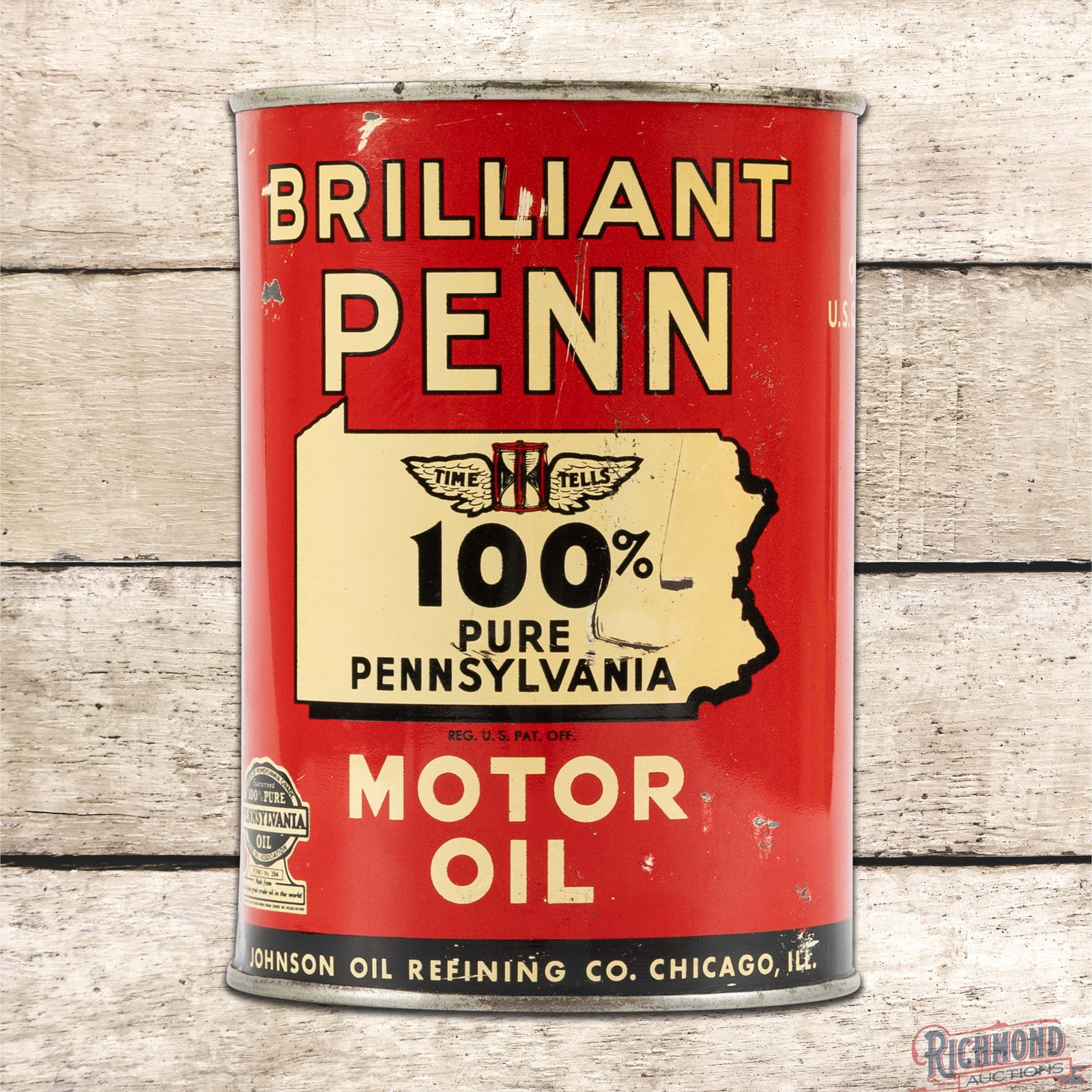 Johnson Brilliant Penn Motor Oil Metal 1 Quart Can: Empty metal can has excellent color and shine. The display has light wear, scratches and paint chips. The perimeter has small indentations along the edges. The reverse is in a similar condition to the