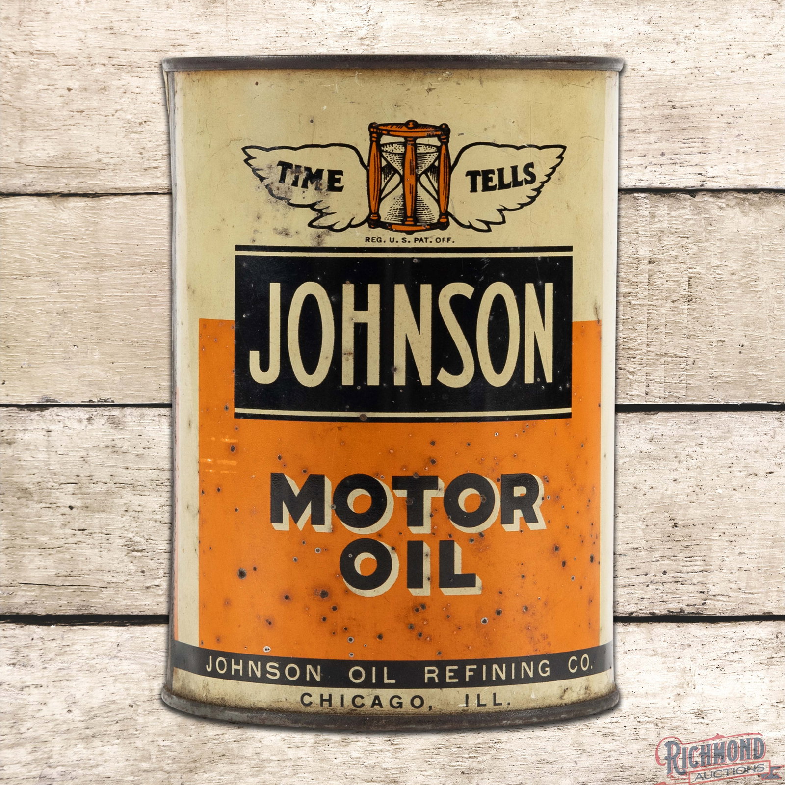 Johnson "Time Tells" Motor Oil Metal 1 Quart Can FULL: Full metal one quart can has good color and shine. The display has toning with oxidation and tiny paint chips throughout. The reverse has additional surface wear. The can displays well with classic Jo