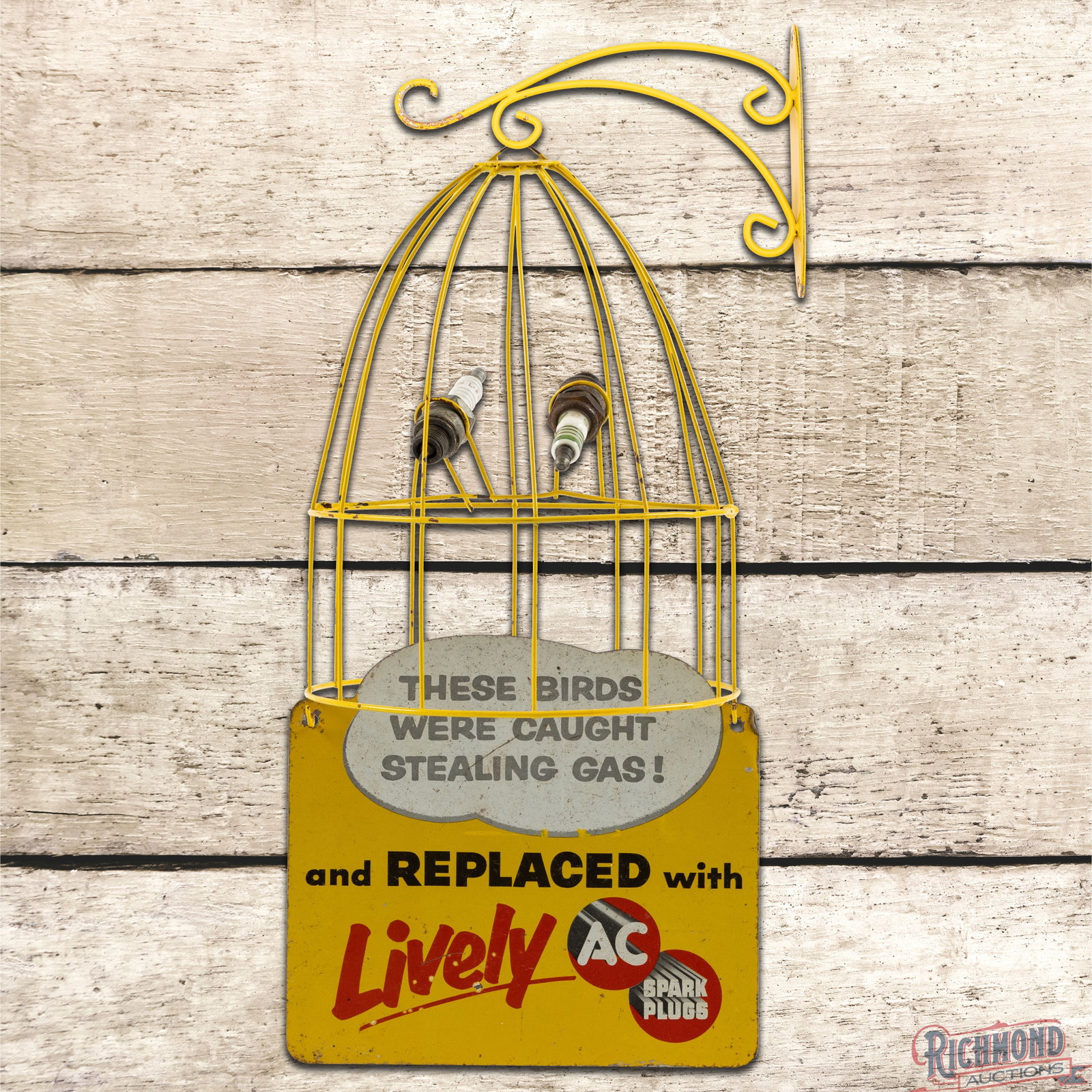 Lively AC Spark Plugs "These Birds Were Caught Stealing Gas!" Cage Display w/ Plugs (1 of 3)