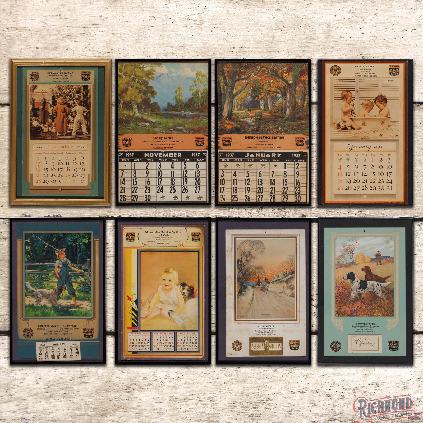 Group of 8 Johnson Oils Framed Advertising Calendar Signs (1 of 3)