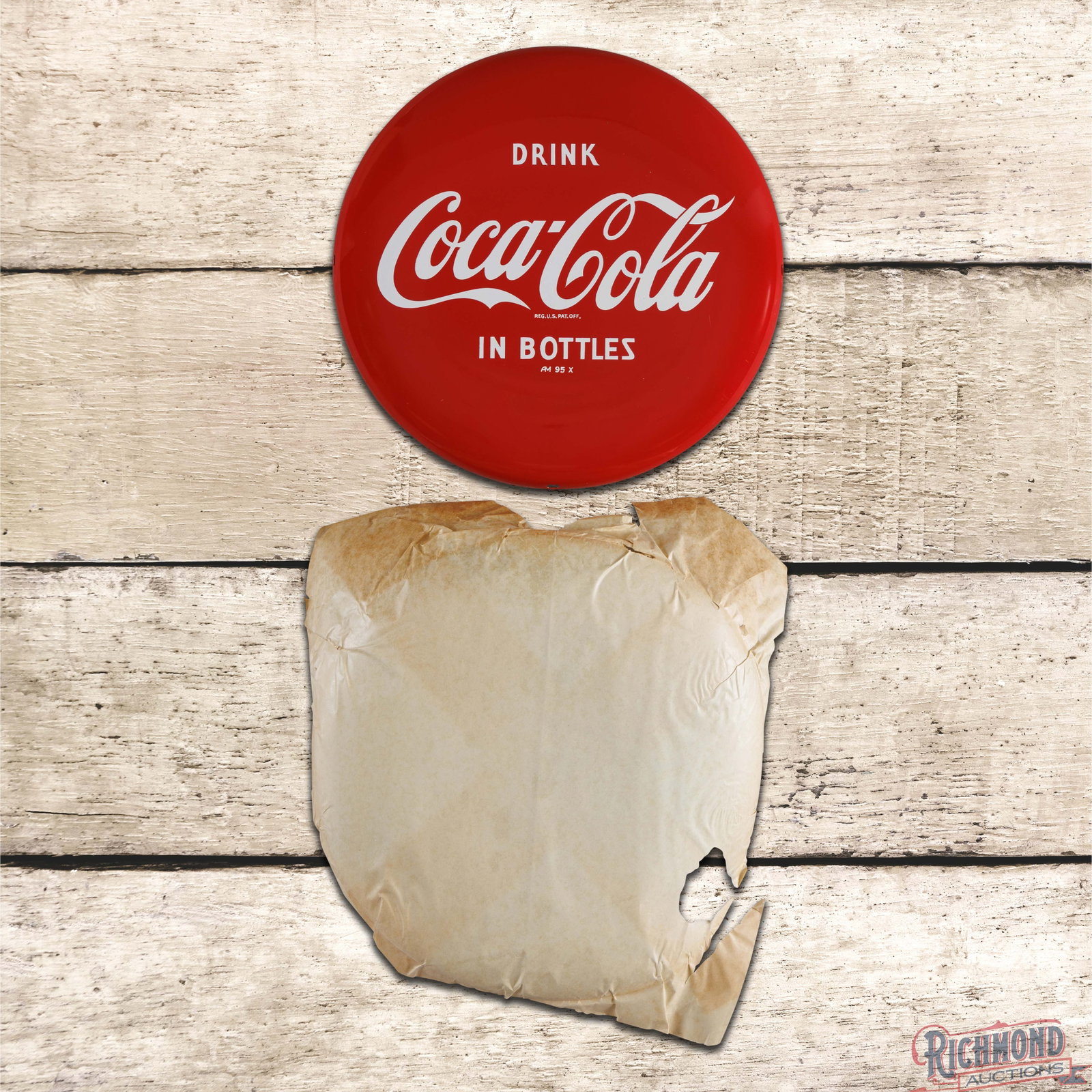 NOS Drink Coca Cola in Bottles 12" SST Button Sign w/ Factory Paper (1 of 5)