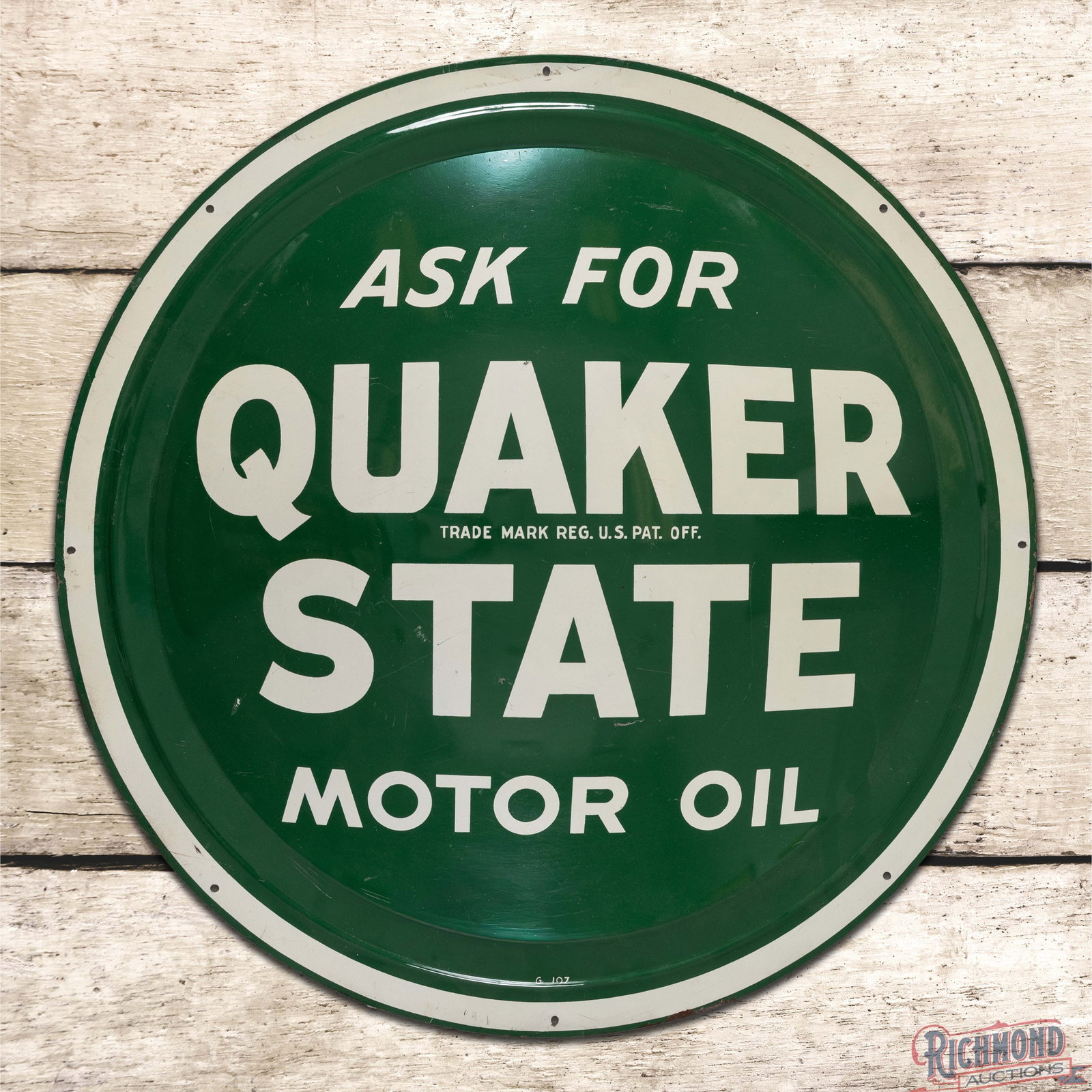 Ask For Quaker State Motor Oil SST Bubble Sign: SST bubble sign has very good color and shine. The display has light wear with fine scratches and scuffs. The perimeter has minor edge bends with small paint chips along the outer edges. Marked G-107.