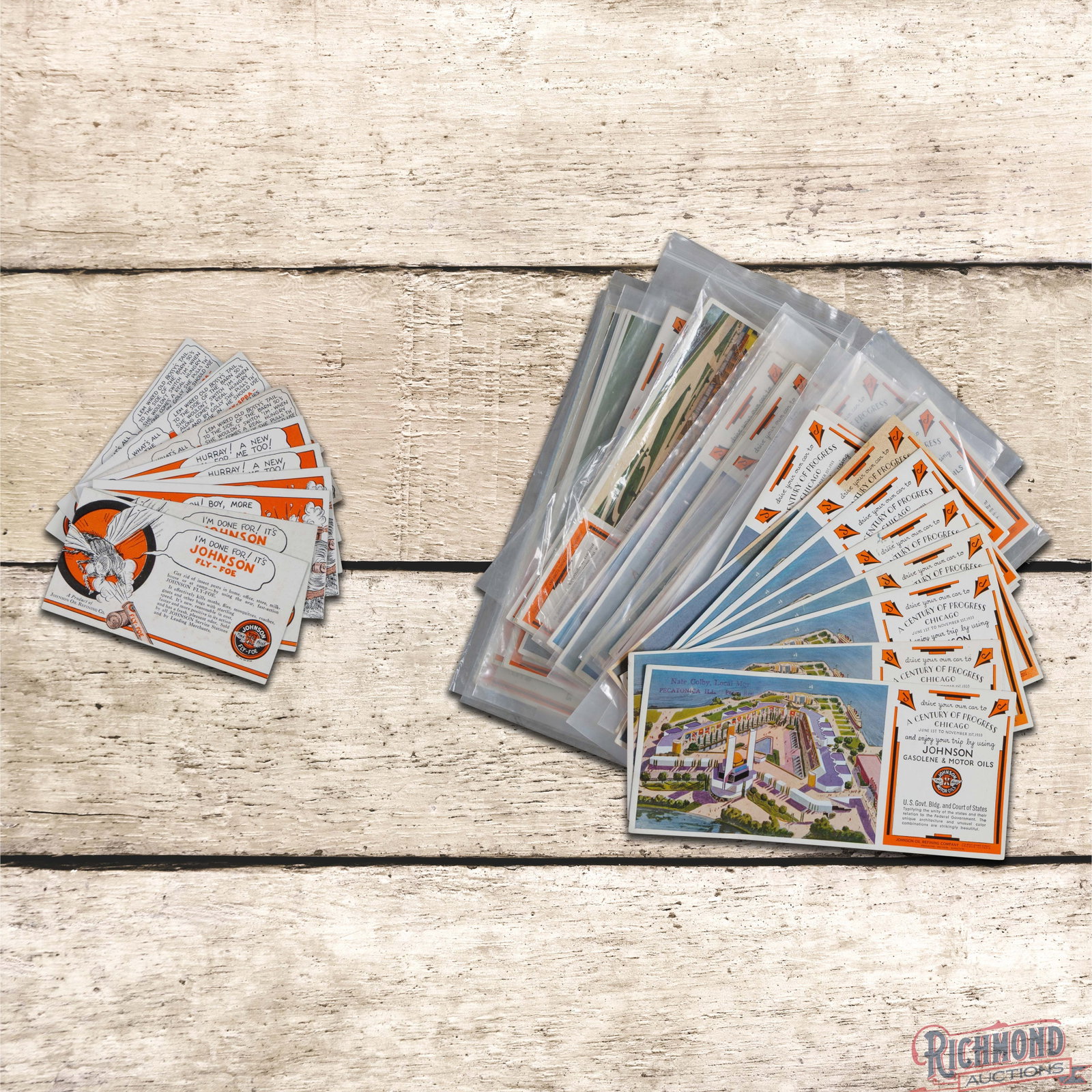 Large Group of Johnson Oils 1933 World's Fair Advertising Blotters: Large group of Johnson Oils blotters advertising the 1933 World's Fair and Johnson Fly-Foe. The group has very good color with light age wear. 9" H X 5" W. Condition: Original. All items are guarantee