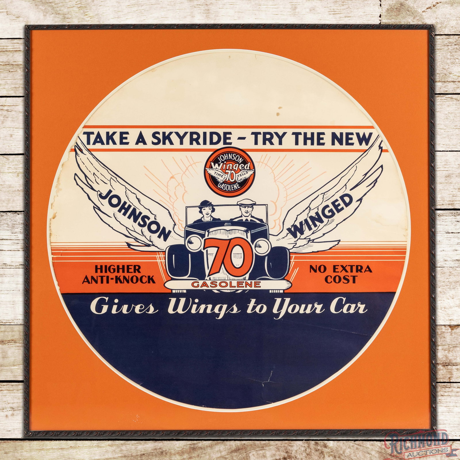 Outstanding Johnson Winged 70 Gasolene SS Paper Tire Insert Sign w/ Logo and Automobile (1 of 3)