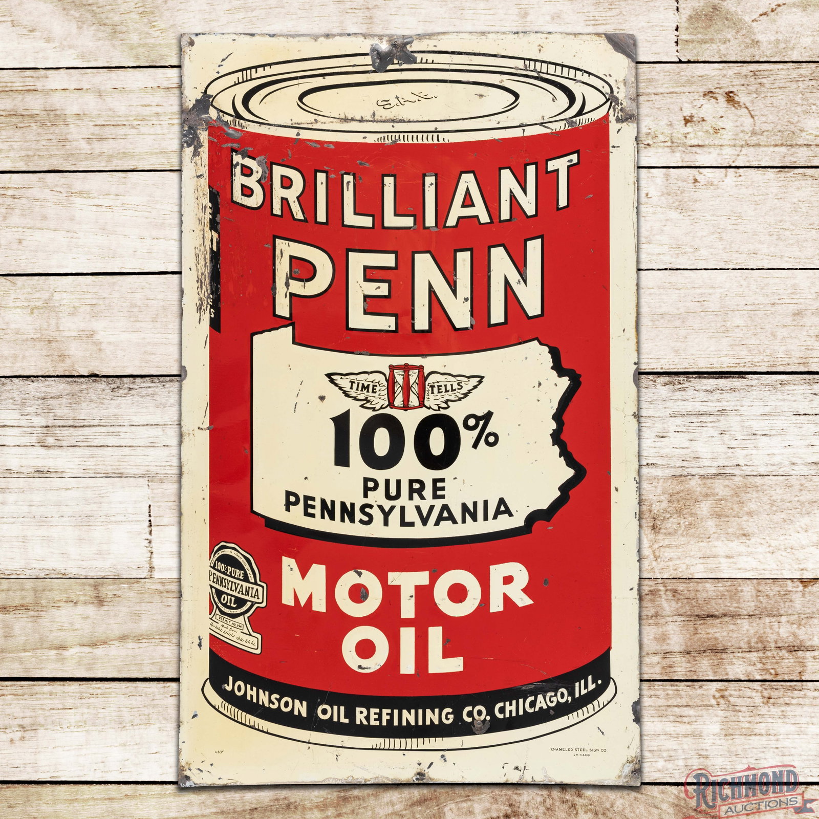 Scarce Brilliant Penn 100% Pure Pennsylvania Motor Oil SST Sign w/ Quart Can: SST sign has good color and shine. The field has paint chips and fine scratches. The outer fields and perimeter have bends with non-factory holes and larger areas of paint loss. Marked 463, Enameled S