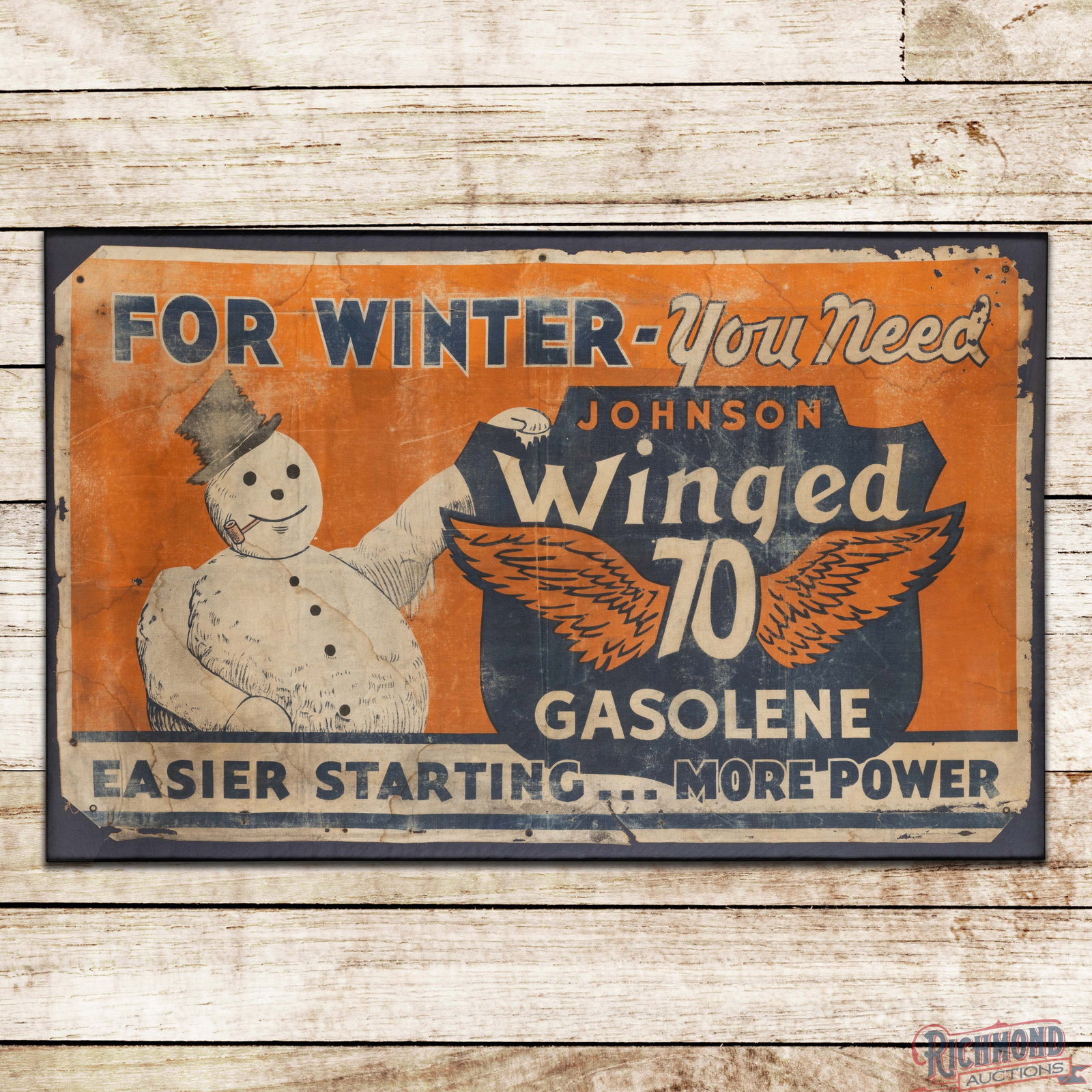 Johnson Winged 70 Gasolene "For Winter You Need Easier Starting More Power" Framed Banner (1 of 3)
