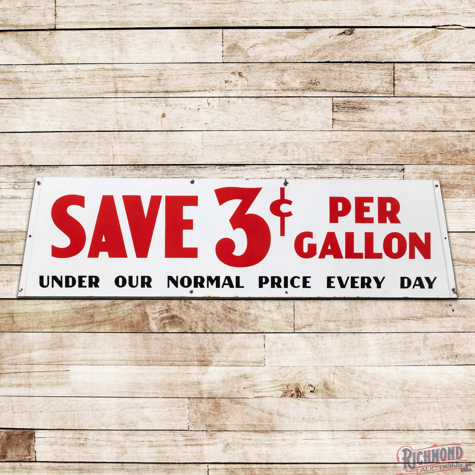 Johnson Gasoline Save 3 Cents Per Gallon 6' SSP Die Cut Sign: SSP die cut sign has excellent color and gloss. The fields are clean. The perimeter has small chips with areas of minor discoloration. Overall a clean example that would be difficult to improve upon. 