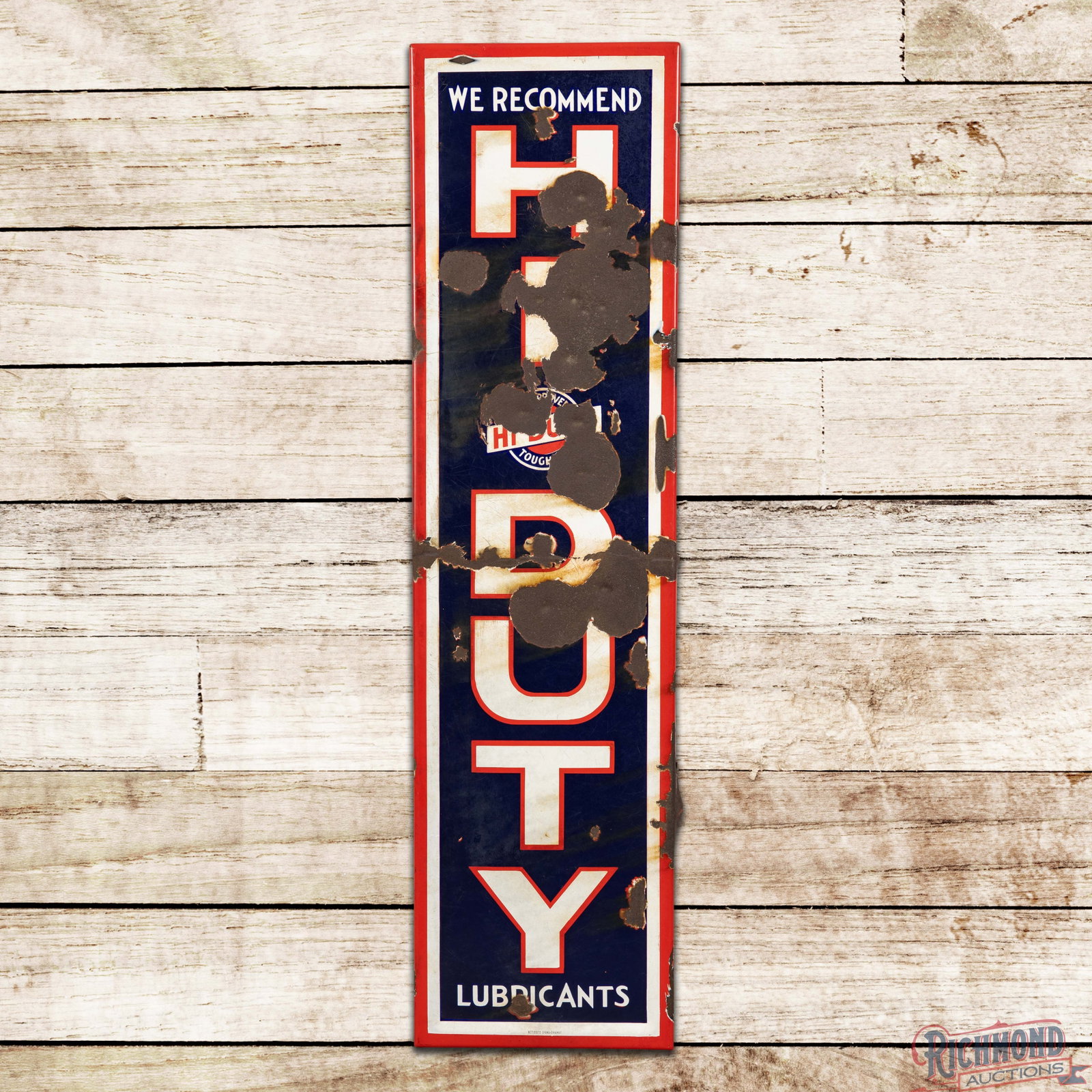 Johnson We Recommend Hi-Duty Lubricants 5' SSP Sign: SSP sign has good color and gloss. The sign has large chips, bends and areas of discoloration. The reverse has two factory pole mount brackets present. Marked Veribrite Signs - Chicago. 57" H X 15" W.