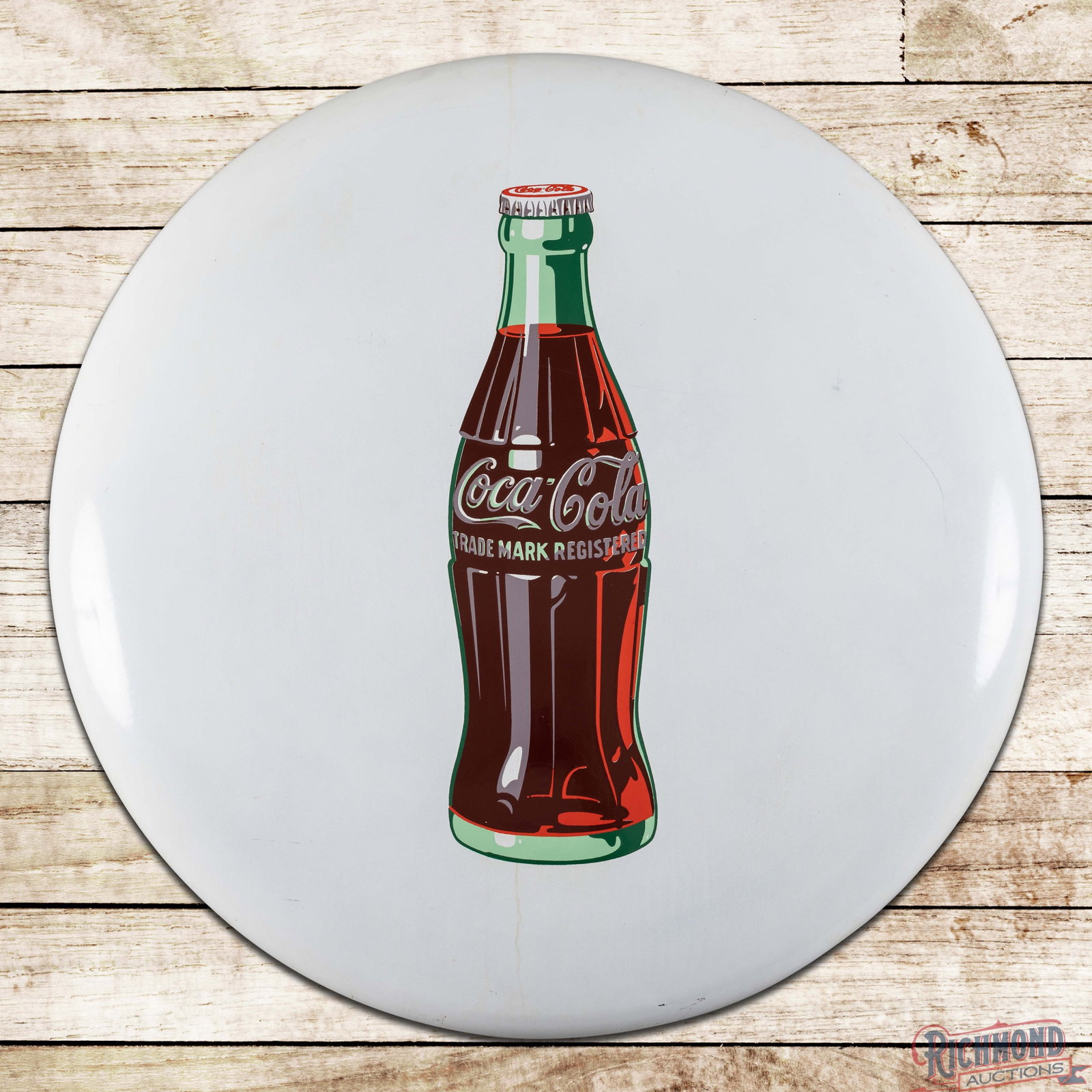Coca Cola 36" White SSP Button Sign w/ Bottle: SSP Coke button sign has very good color and gloss. The field has minor marks, a fine scratch in the upper field and areas of slight discoloration. The perimeter has chips, slight discoloration and a 