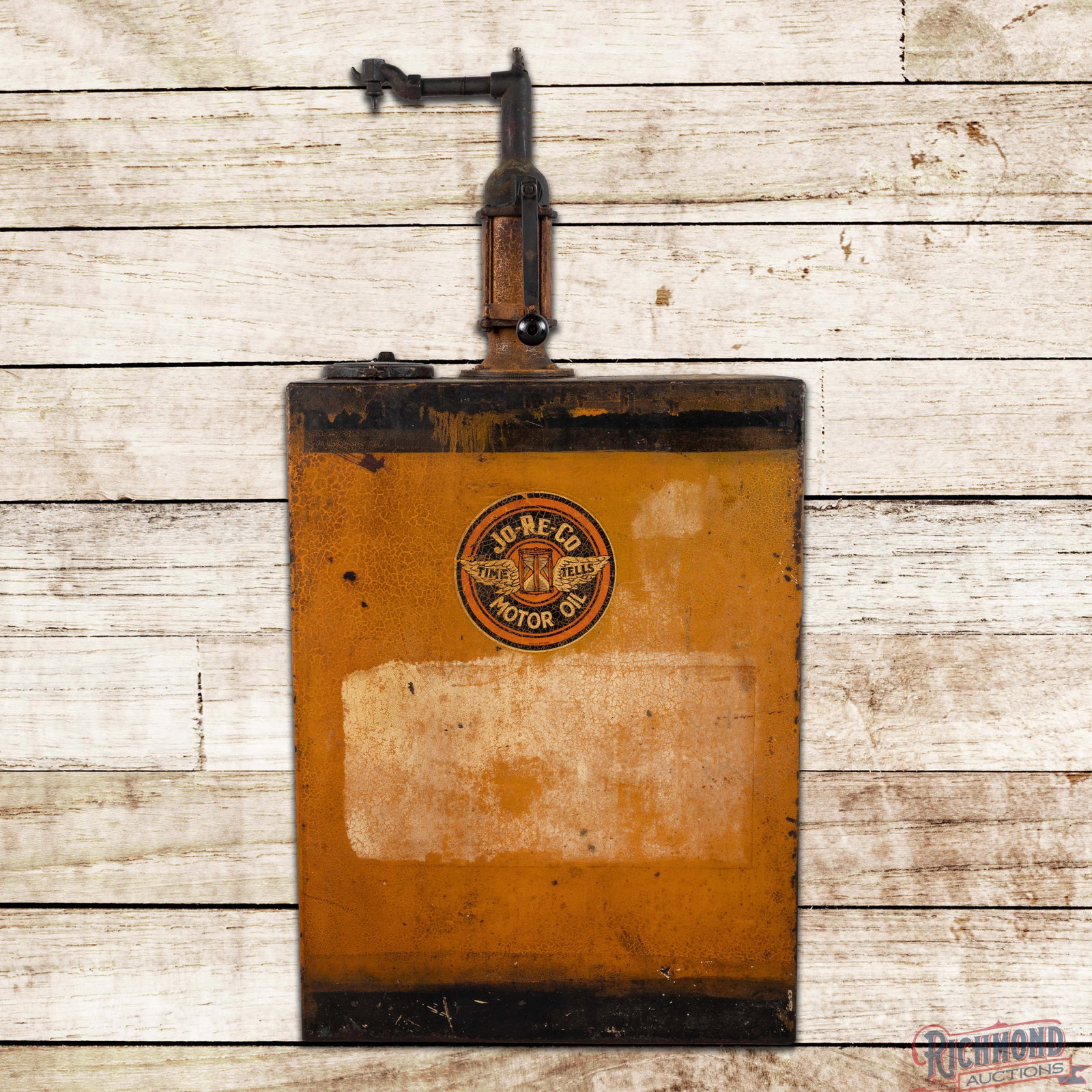 Johnson Oils "Time Tells" Jo-Re-Co Lubester w/ Original Paint: Johnson lubester features original paint with two "Jo-Re-Co" decals. It displays very well with general surface wear, crackled paint and oxidation. One side has a removable 12" modern Johnson logo mag