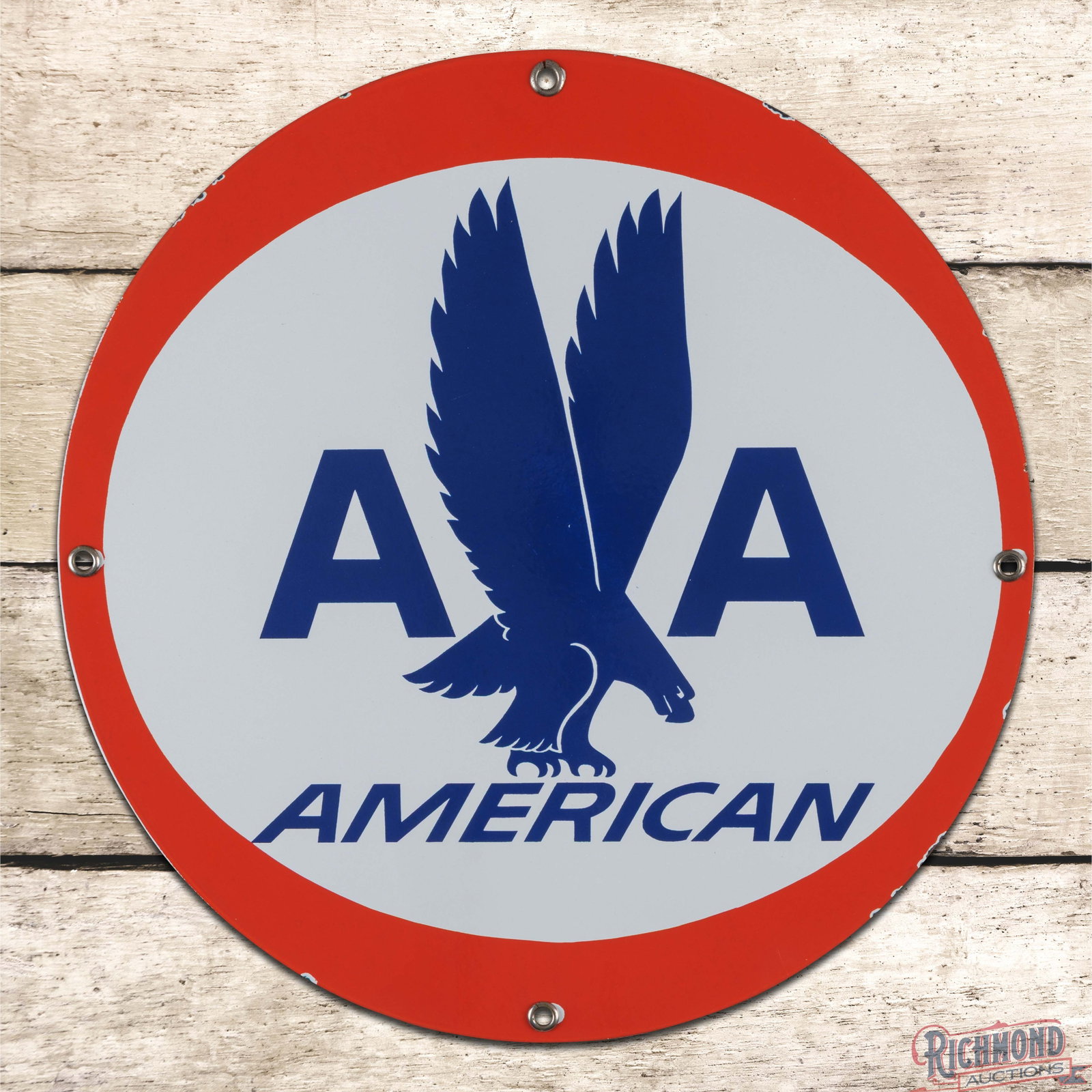 American Airlines 18" SSP Logo Sign w/ Eagle: SSP sign has excellent color and gloss. The field is clean and features the iconic American logo with eagle. The perimeter has small chips along the outer edges. All in all an outstanding example. 18"
