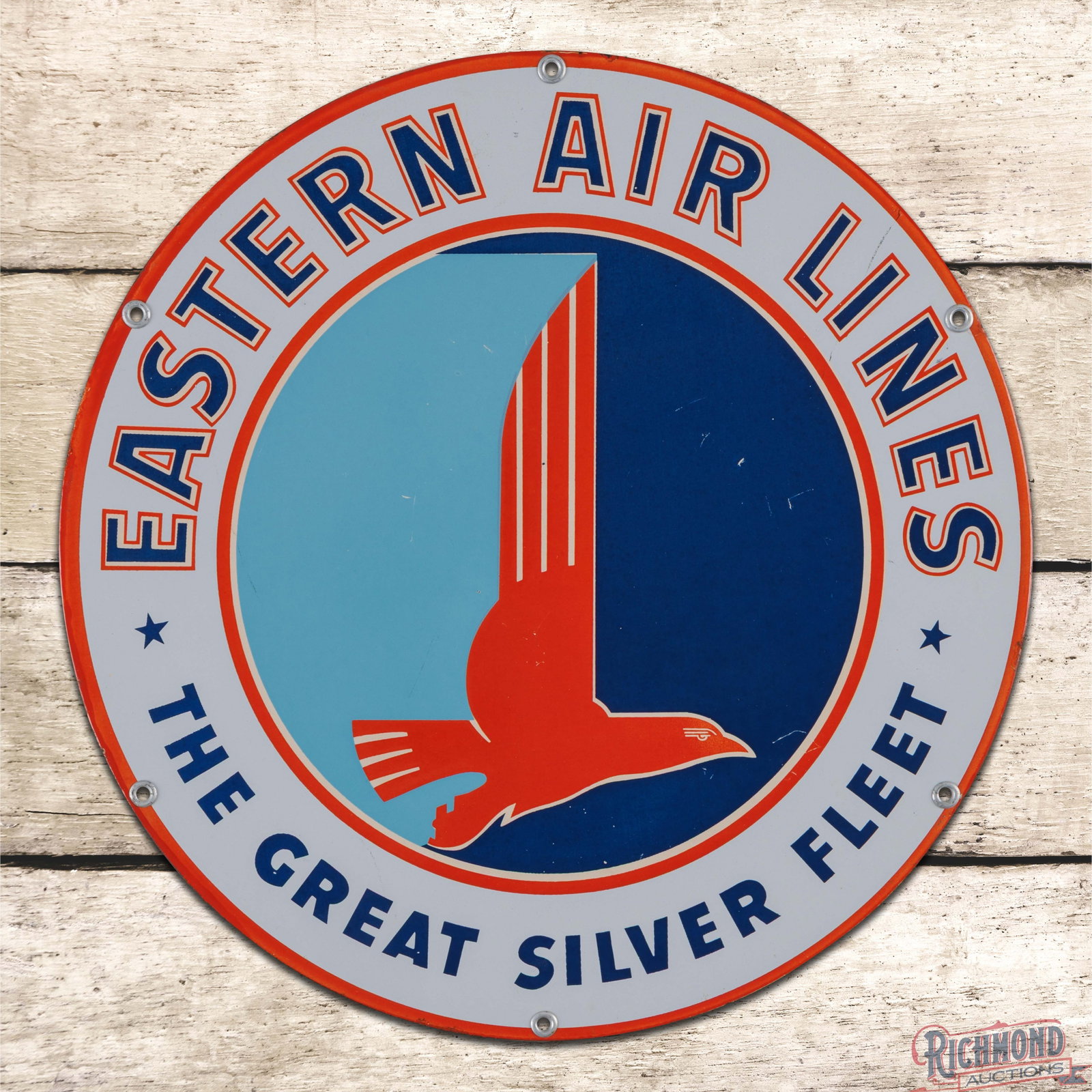 Eastern Air Lines "The Great Silver Fleet" 14" SSP Sign w/ Logo: SSP sign has excellent color and gloss. The fields have small nicks and fine scratches. The perimeter has minor discoloration along the outer edges. All six factory grommets are present. Overall a sel