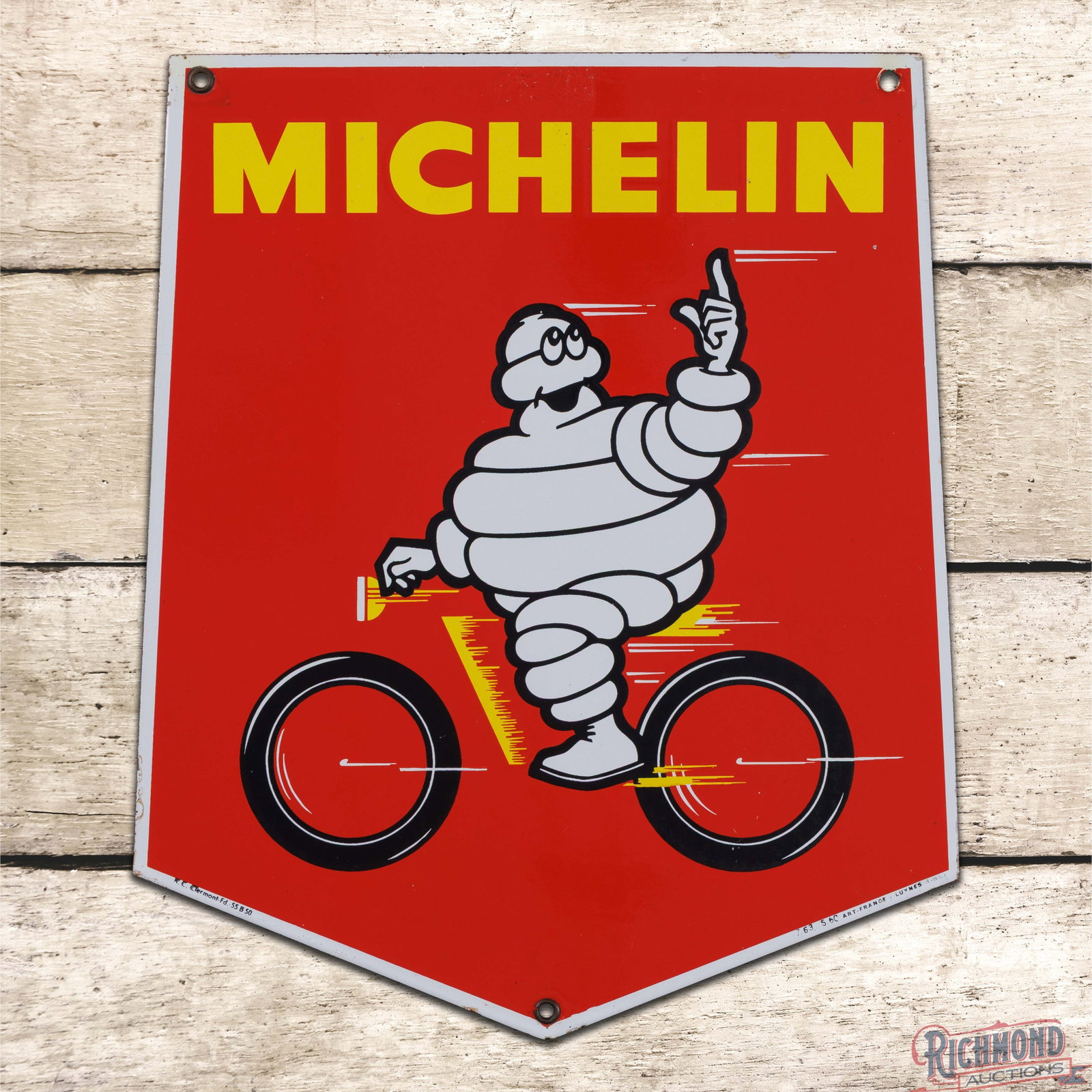 Michelin Bicycle Tires DSP Die Cut Sign w/ Bibendum: DSP die cut sign has excellent color and gloss. Side #1 has a clean field with small, fine scratches in the lower outer fields. The perimeter has light wear with tiny chips along the outer edges. The 