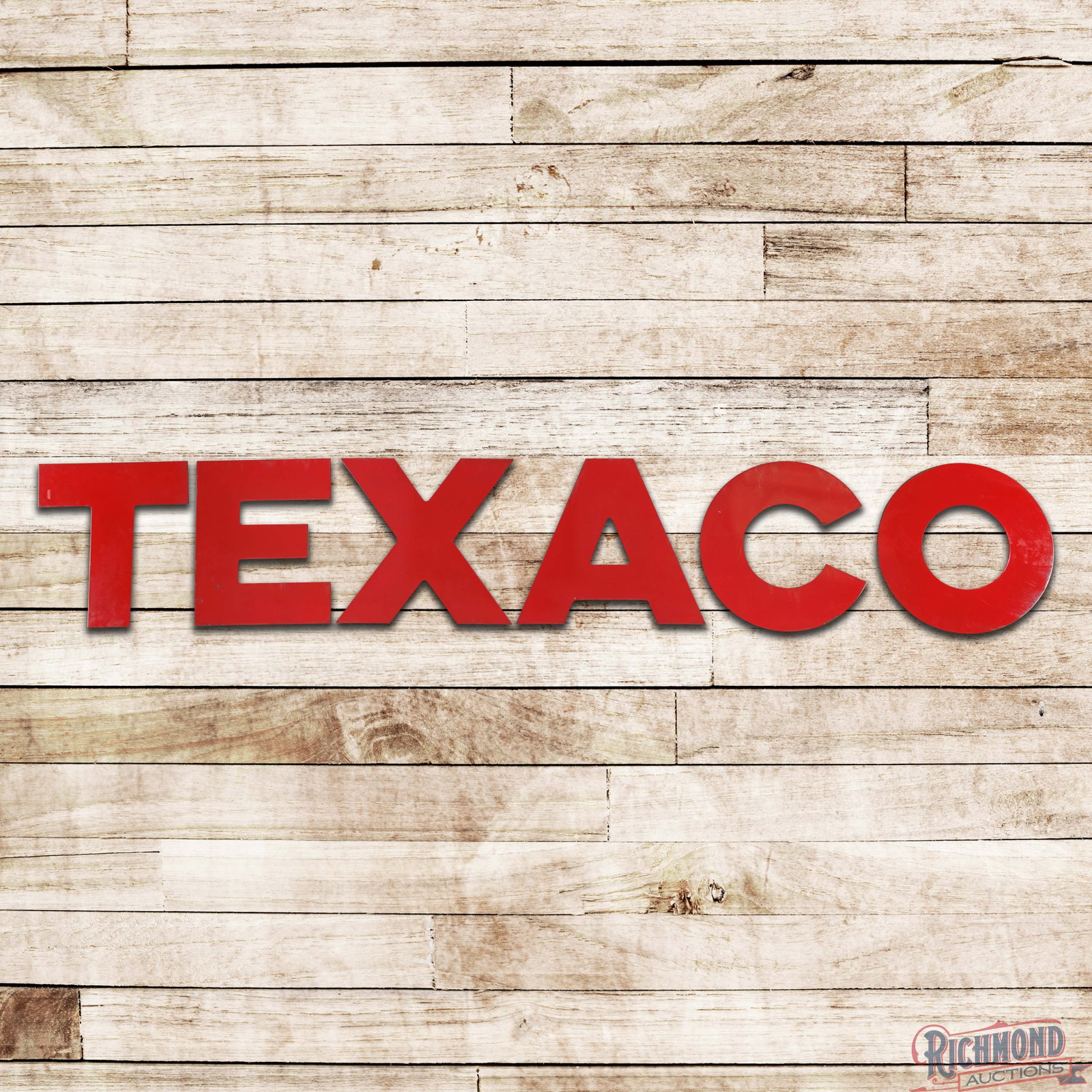 Texaco 21" SSP Die Cut Letter Sign: SSP multi-piece die cut letter sign has excellent color and gloss. The fields are clean with the letter "E" having small chips in the lower left fields. The perimeters have minor discoloration and sma
