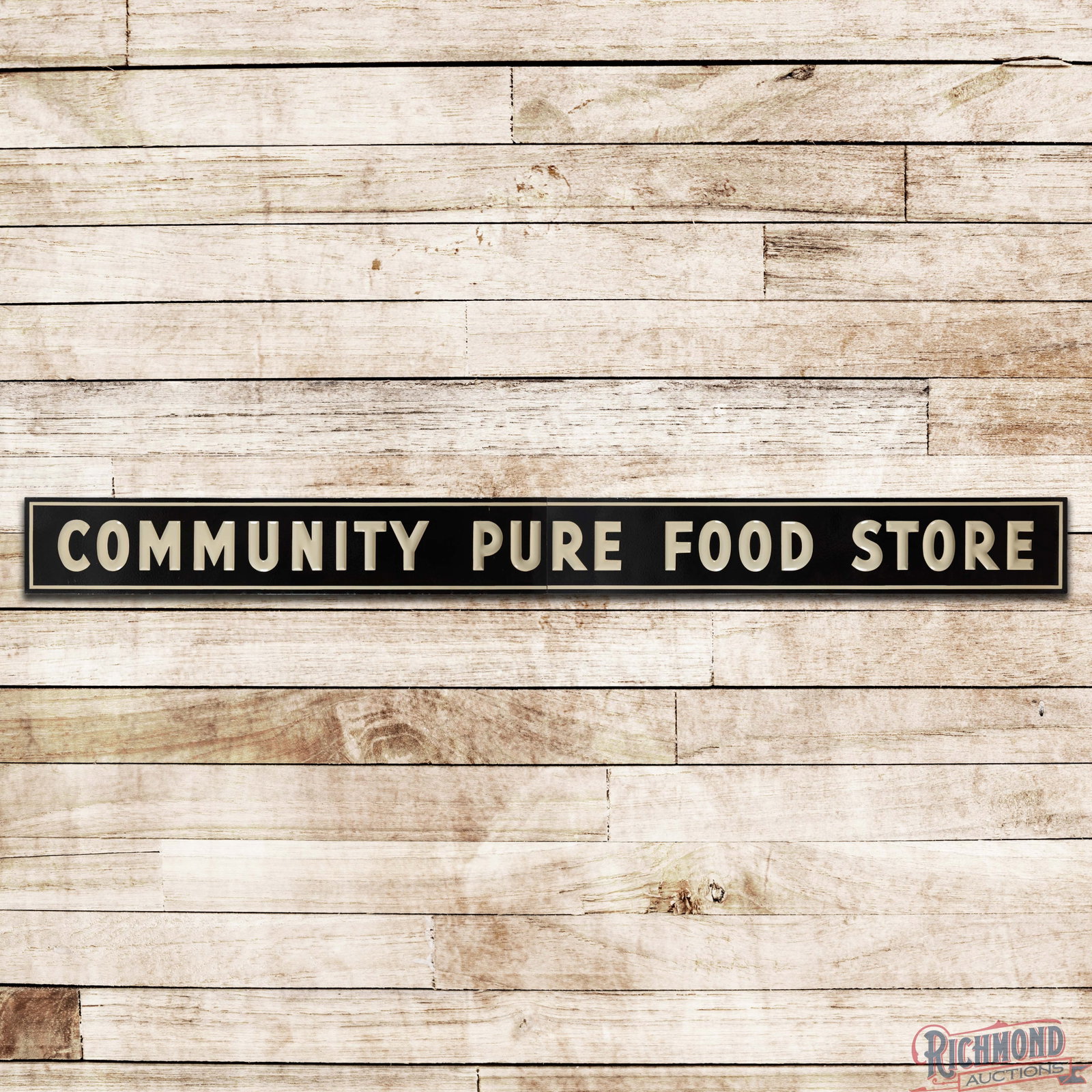 Community Pure Food Store 18' Emb. SSP Sign: SSP two-piece embossed sign has excellent color and gloss. The sign features heavy shelving with a clean field. The perimeter has small chips along the outer edges. Overall a clean example. 20" H X 21