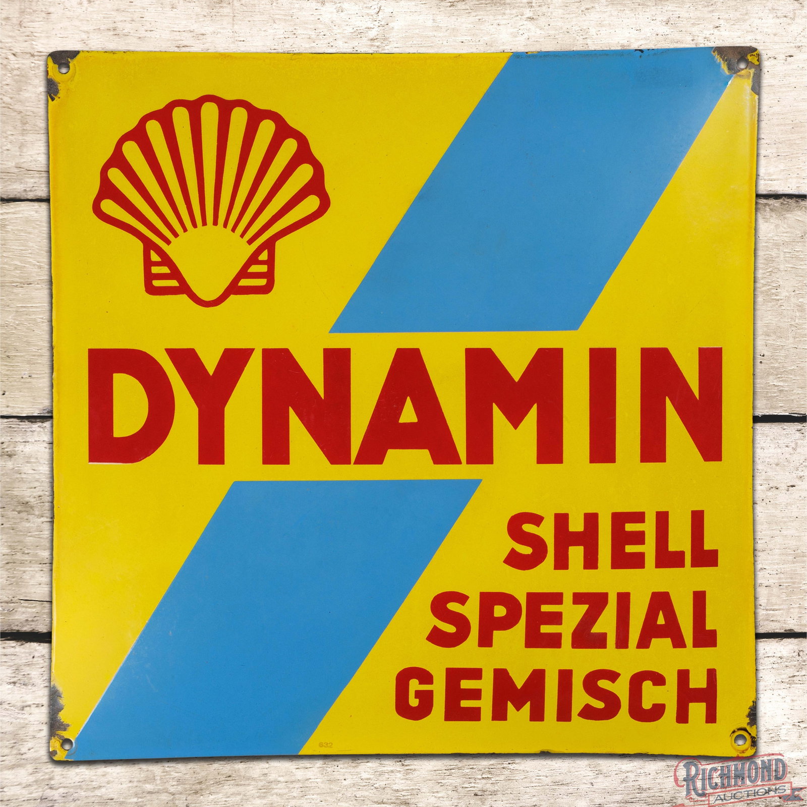 Shell Dynamin Spezial Gemisch "Special Blend" 20" SSP Pillow Sign: SSP convex pillow sign has excellent color and gloss. The fields are clean. The perimeter has chips along the outer edges with a minor bend on the upper right corner. Marked 632. The sign displays wel