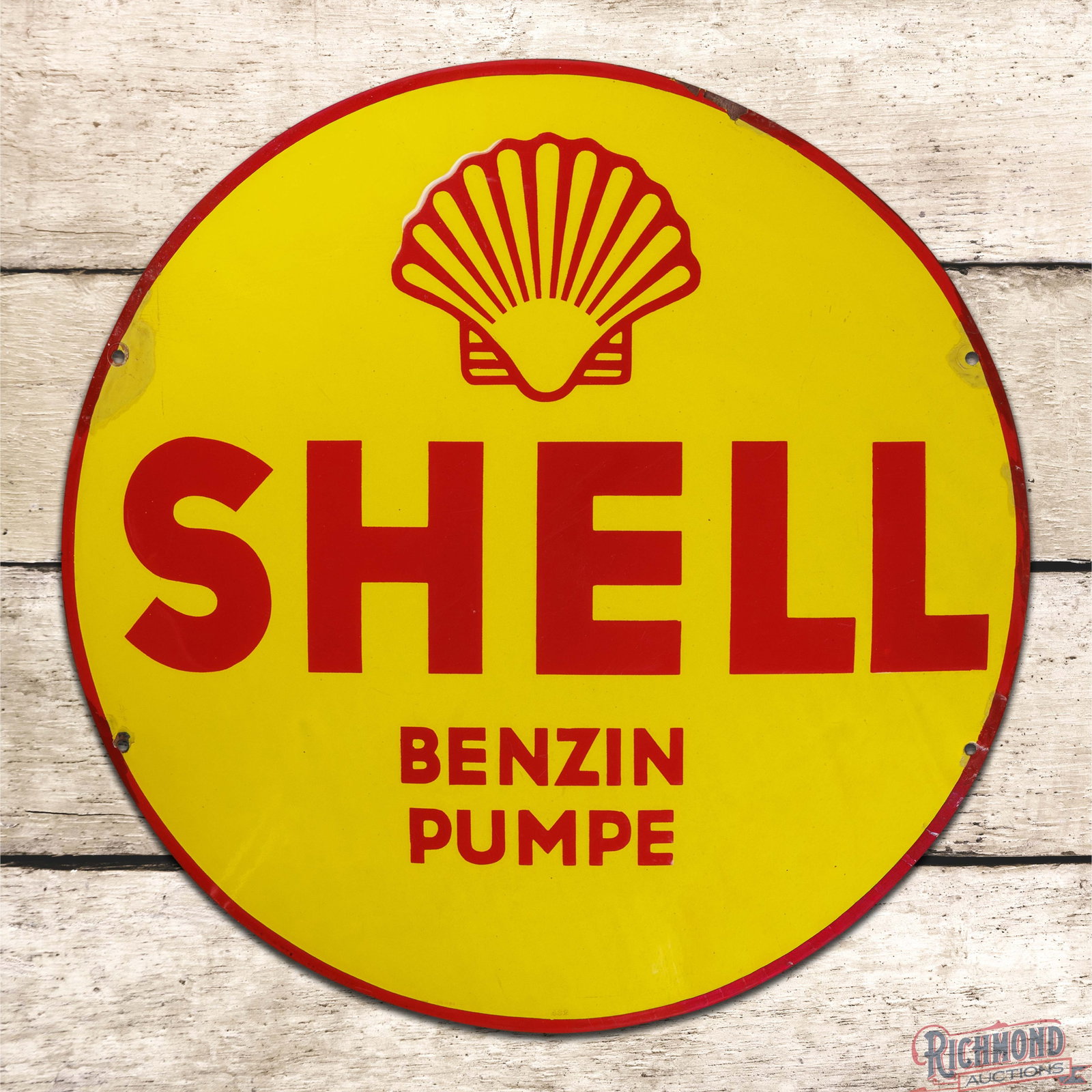 Shell Benzine Pumpe "Gas Pump" 21.5" Convex SSP Sign w/ Logo: SSP convex sign has excellent color and gloss. The field is clean with minor surface imperfections. The perimeter has color matched chips at the mounting holes and outer edges. Marked 432. All in all 