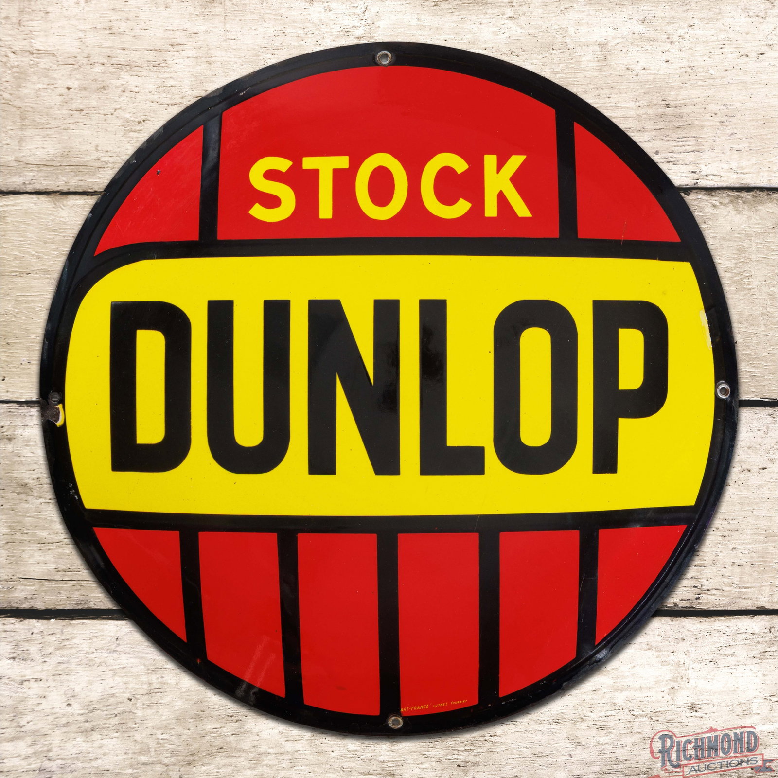 Stock Dunlop Tires 20" SSP Convex Sign: SSP convex sign has excellent color and gloss. The fields are clean with a few minor fine scratches in the right fields. The perimeter has a chip at the left hand mounting hole. Three factory grommets