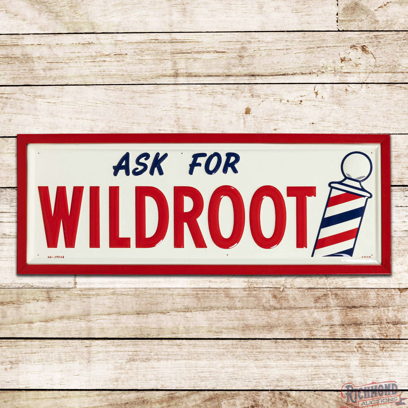 Ask for Wildroot Emb. SST Barber Shop Sign w/ Frame: SST embossed self-framed sign with an added wooden frame has excellent color and shine. The fields are clean with minor surface imperfections in the outer fields. The wooden frame is in excellent cond