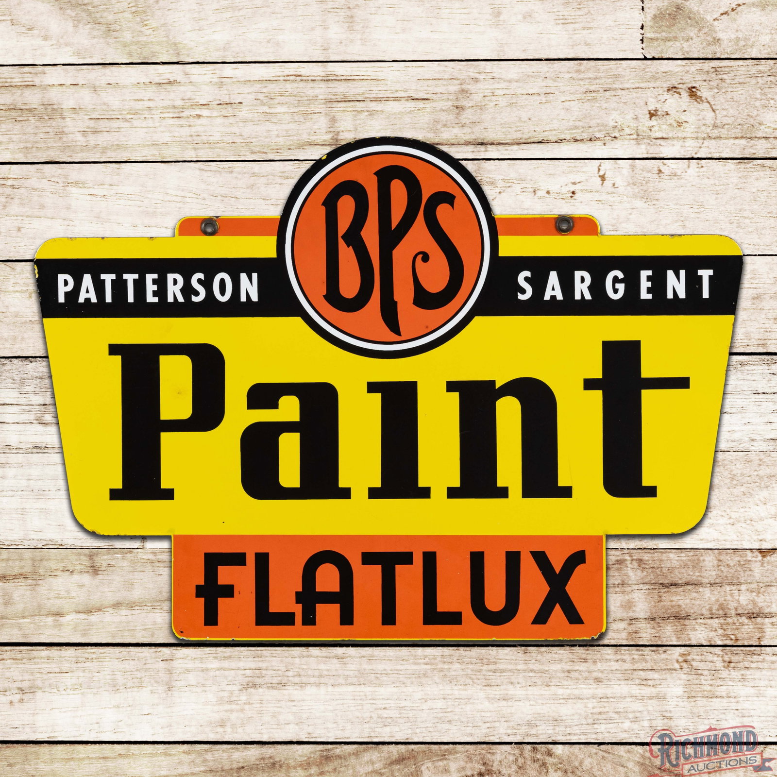 BPS Patterson Sargent Paint Flatlux Die Cut DSP Sign w/ Logo: DSP die cut sign has excellent color and gloss. Side #1 has light surface wear with minor spotting in the outer fields. The perimeter has small chips along the outer edges. The reverse is in a similar