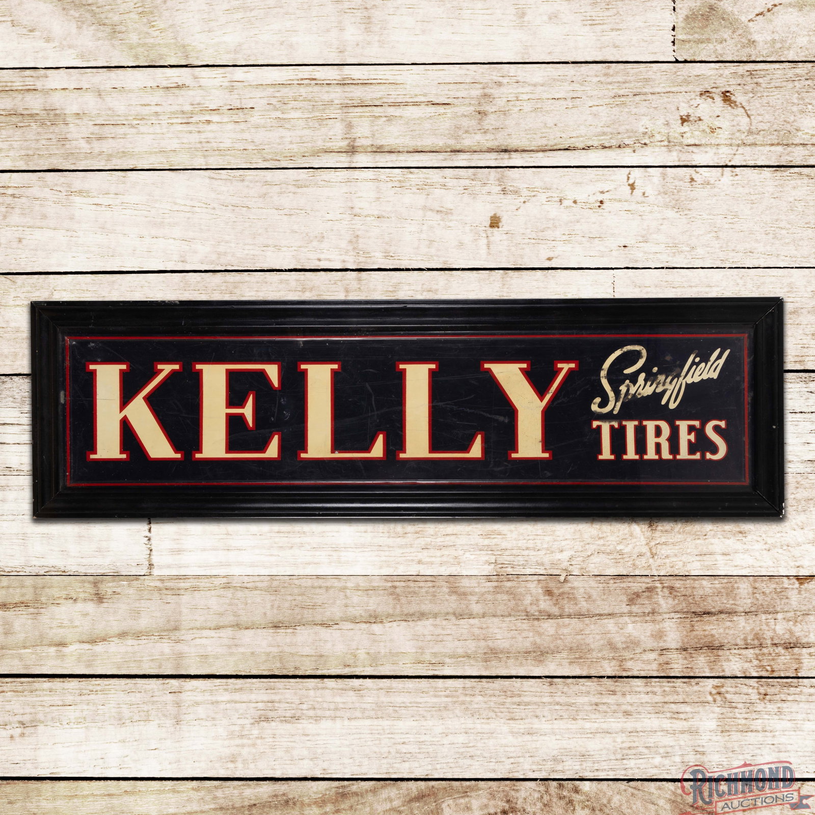 Kelly Springfield Tires 5' SST Sign: SST self-framed sign with the factory wooden frame and an added wooden frame with plexiglass cover has good color and shine. The field has general wear with indentations, fine scratches and paint chip