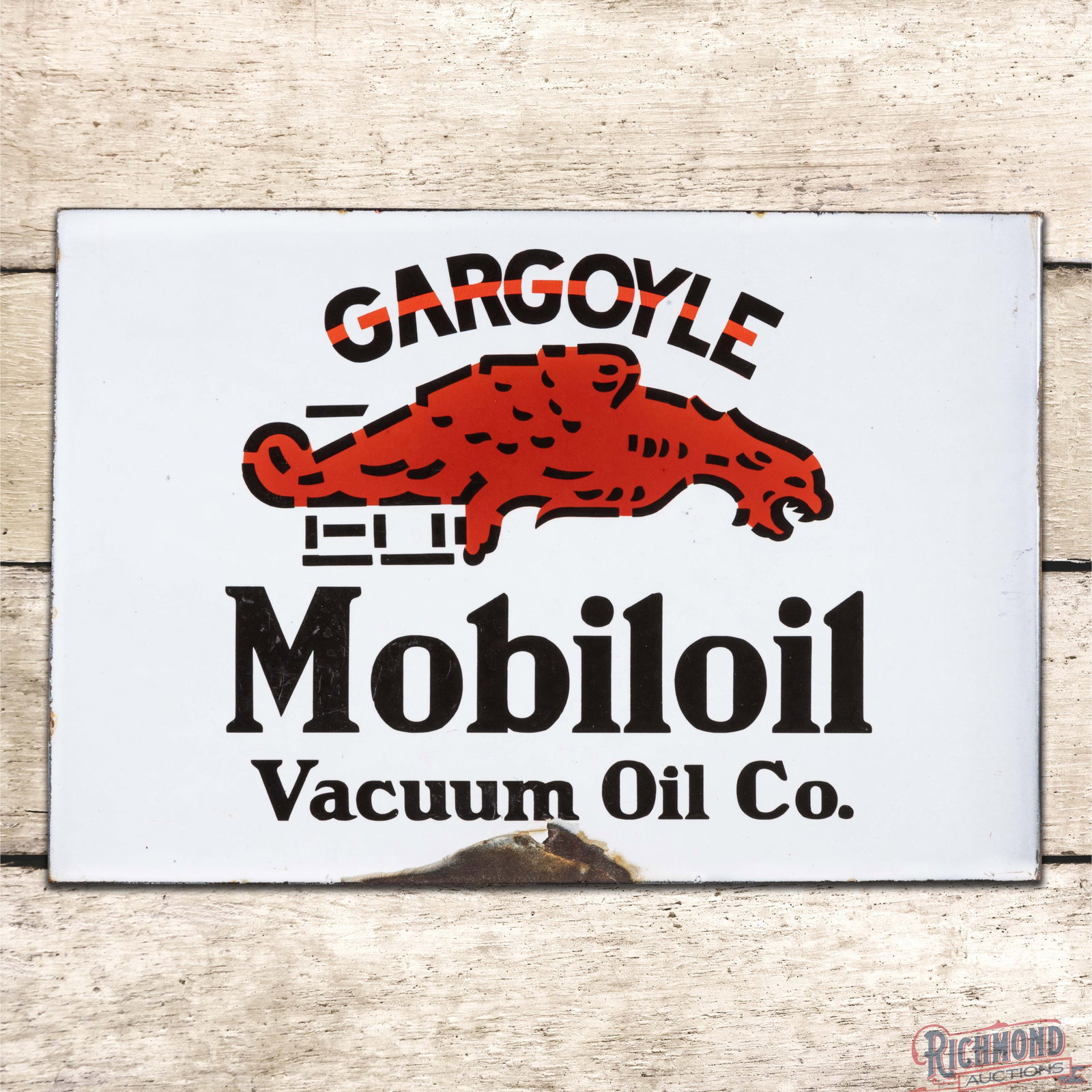 Gargoyle Mobiloil Vacuum Oil Co. DSP Flange Sign: DSP flange has excellent color and gloss. Side #1 has a minor surface imperfections in the field with chips along the outer edges. The reverse is in a similar condition with a larger chip along the lo