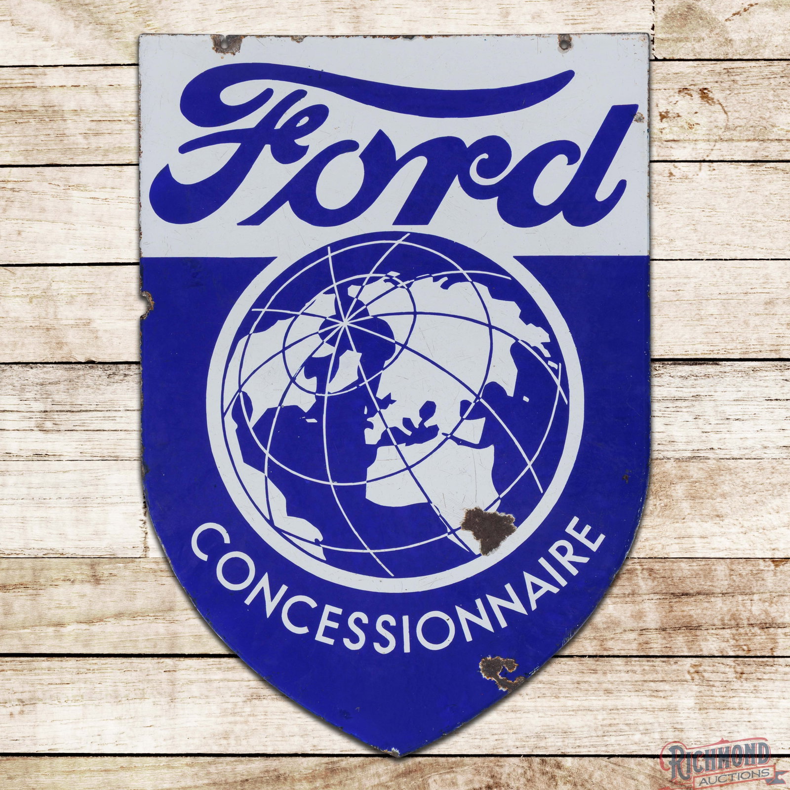 Ford Automobiles Concessionaire DSP Shield Sign w/ World Logo: DSP sign has very good color and gloss. Side #1 has light surface wear with fine scratches and a chip in the lower field. The perimeter has chips with edge wear and a small area of loss at the upper r