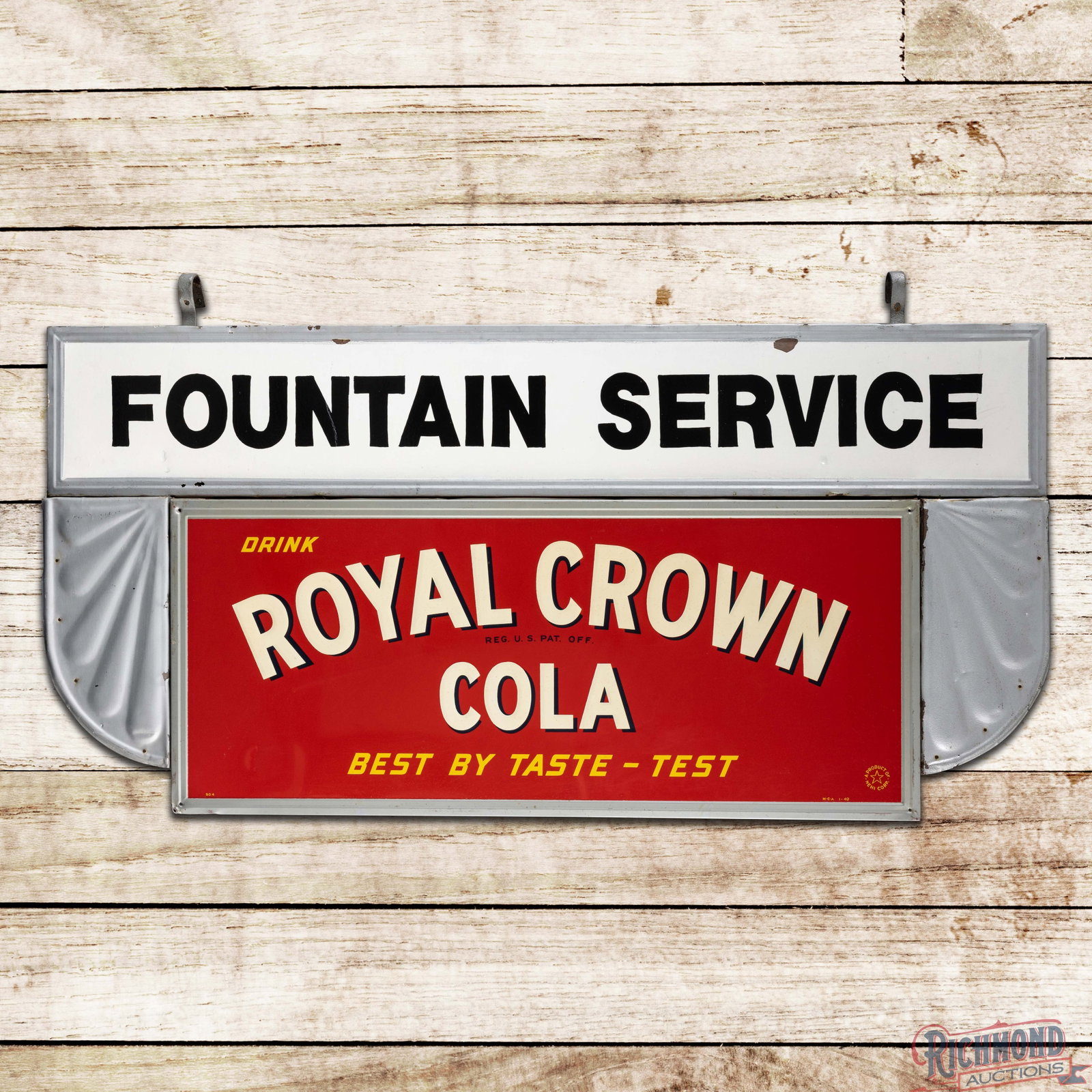 1949 Drink RC Royal Crown Cola "Best By Taste Test" 6' Fountain Service Sign: SST embossed self-framed multi-piece sign has excellent color and shine. The lower RC sign is all original and the upper "Fountain Service" and art deco trim panels have been repainted. The main RC si