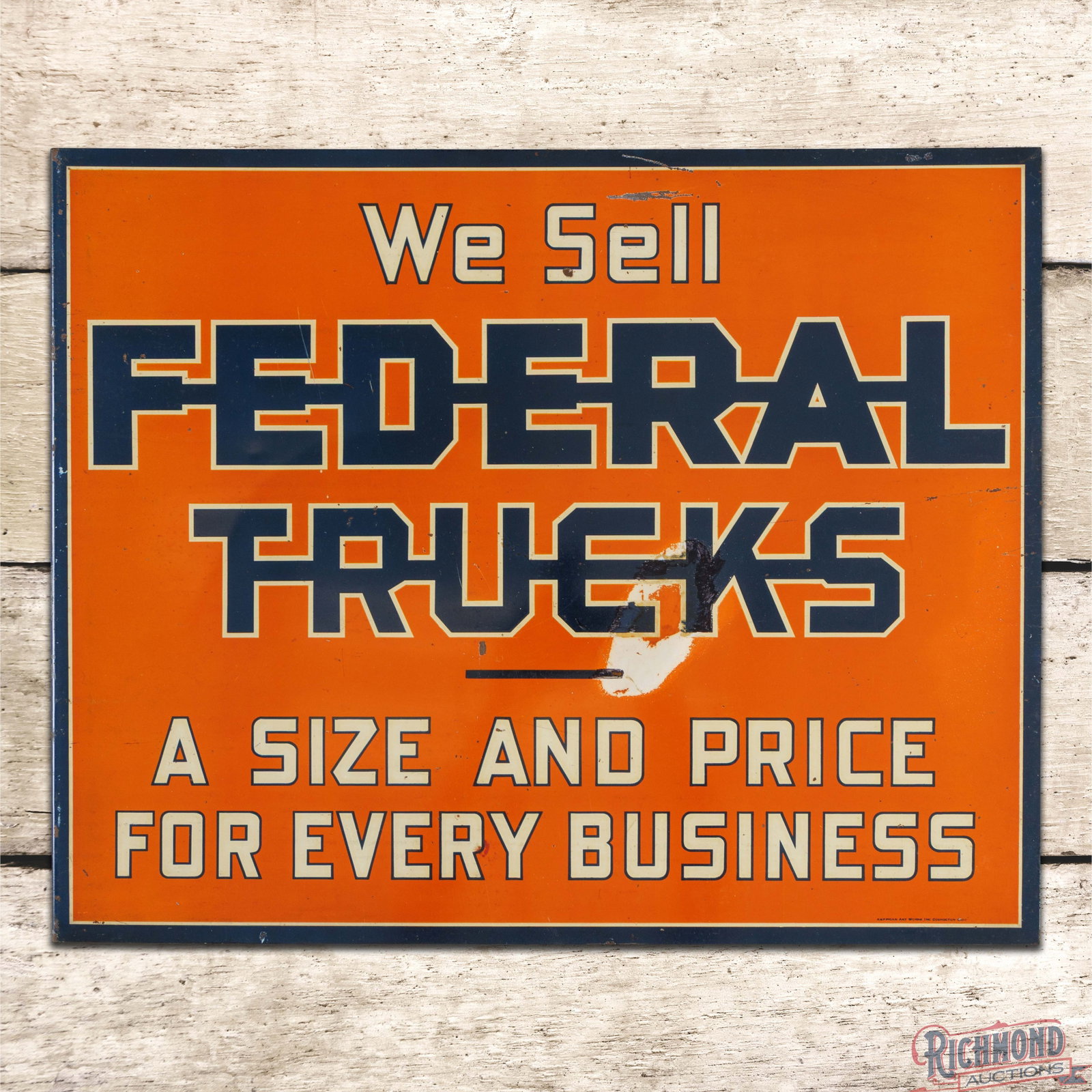We Sell Federal Trucks DST Flange Sign: DST flange has very good color and shine. Side #1 has light wear with tiny active paint chips in the white painted lettering. The right field has a faint bend and the perimeter has areas of minor disc