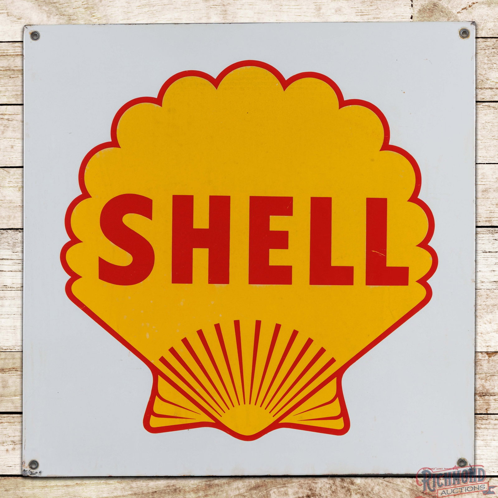 Shell Motor Oils Gasoline 30" SSP Sign w/ Logo: SSP rolled-edge sign has excellent color and gloss. The display has areas of discoloration in the logo with small scratches in the lettering. The perimeter has chips along the outer rolled edges. All 