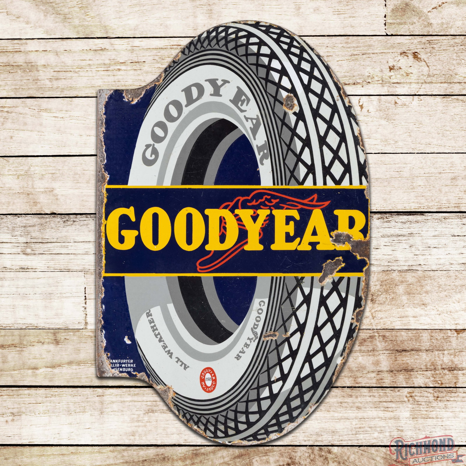 Goodyear All Weather Tires DSP Flange Sign w/ Wingfoot & Tire: DSP die cut sign has very good color and gloss. The display has chips with fine scratches and light wear. The perimeter has chips and minor crazing along the outer edges. The reverse is in a similar c