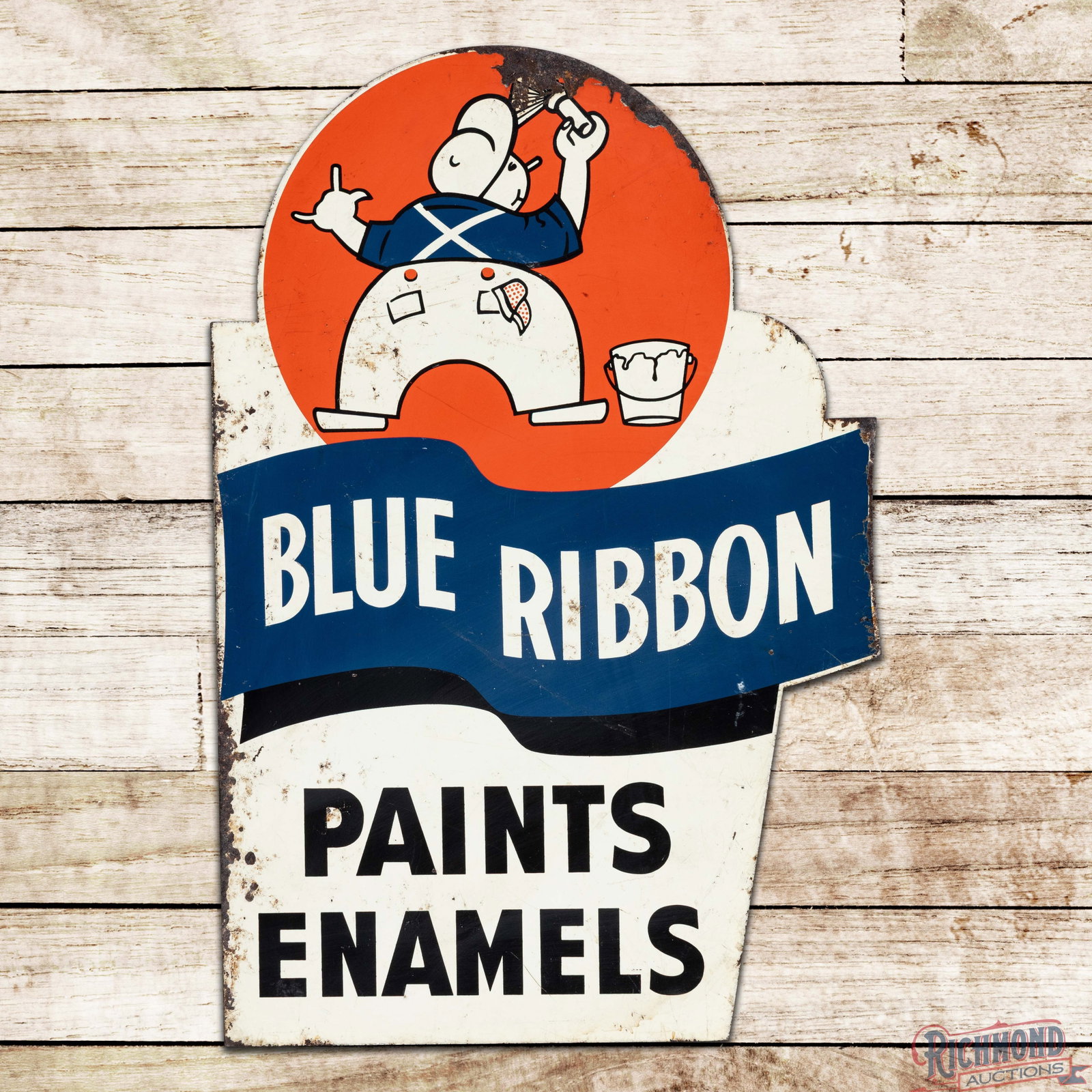 Blue Ribbon Paints Enamels Die Cut DST Flange Sign: DST die cut flange has good color and shine. Side #1 has fine scratches with light wear in the fields. The outer fields and perimeter have additional wear with paint loss along the edges and a faint b