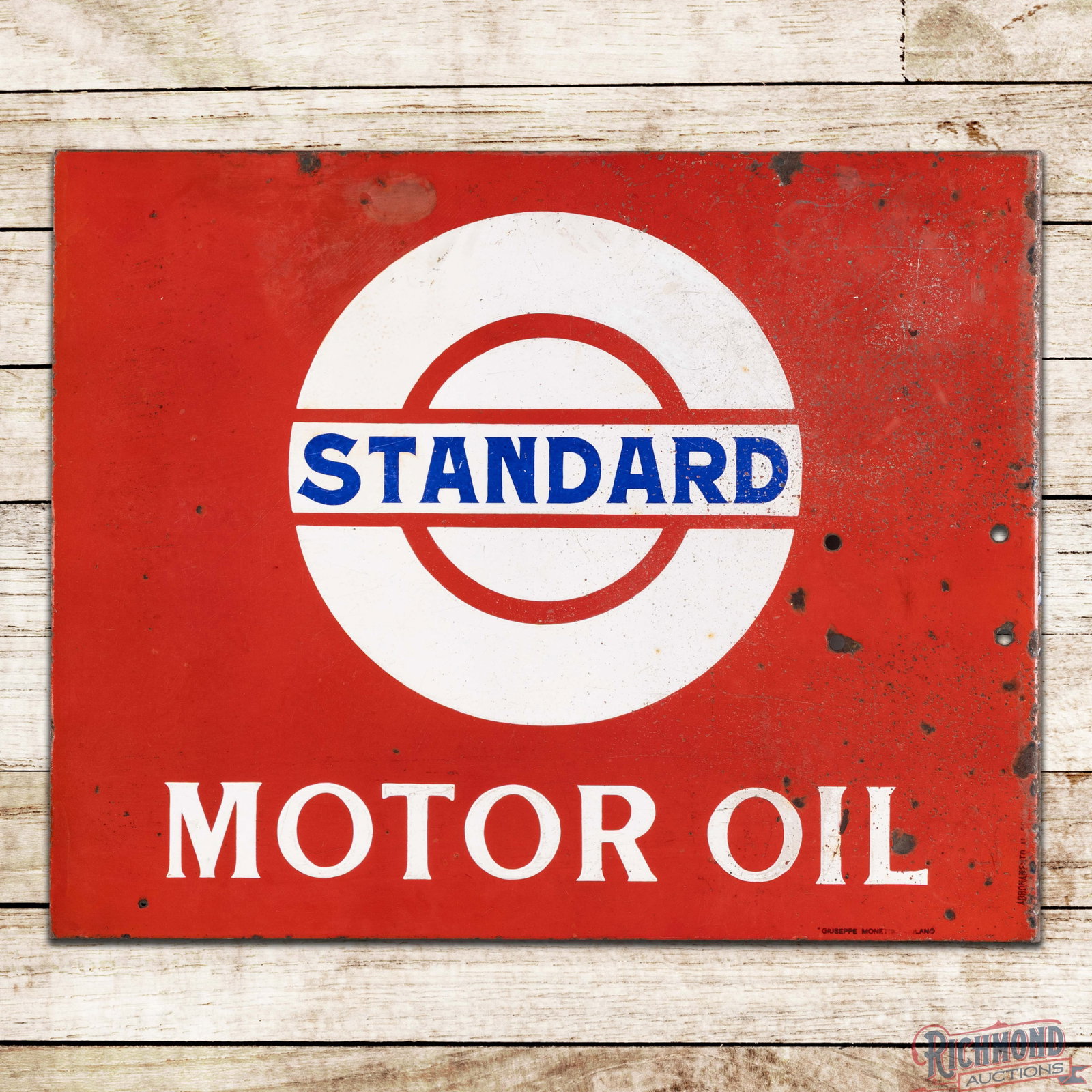 Standard Motor Oil 30" DSP Logo Flange Sign: DSP flange has very good color and gloss. Side #1 has light wear with chips and non-factory holes in the left fields and perimeter. The reverse has less gloss than the display with heavier surface wea