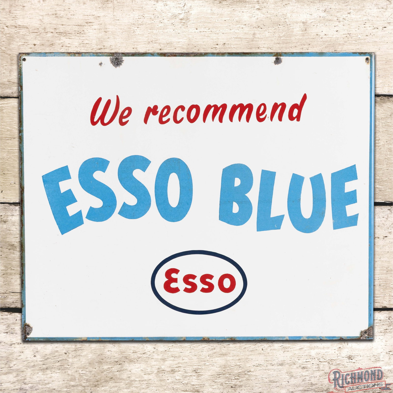 We Recommend Esso Blue DSP Flange Sign w/ Logo: DSP flange has very good color and gloss. The display is very clean overall with light wear in the lettering. The perimeter has chips with minor discoloration along the outer edges. The reverse has ad