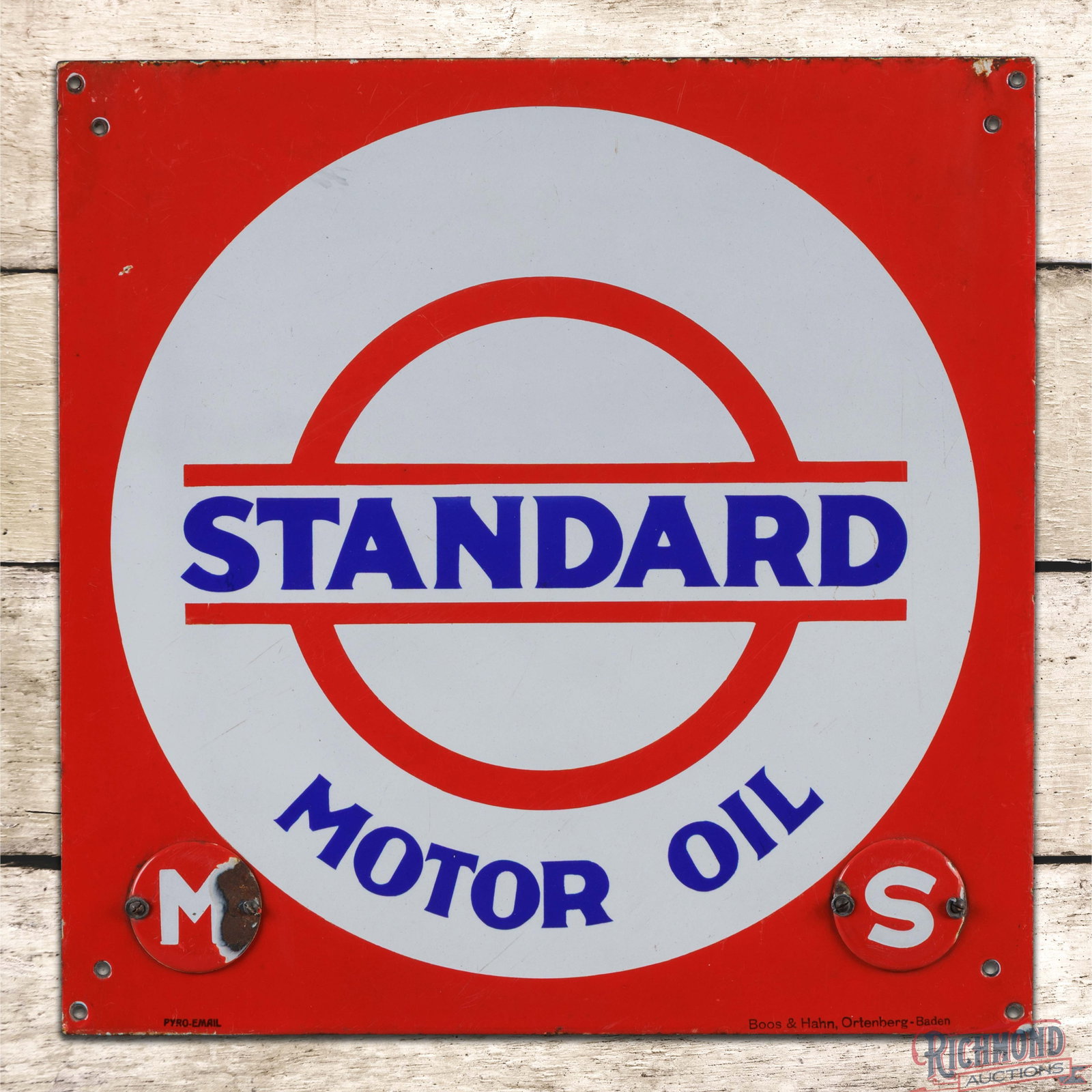 Standard Motor Oil 17" SSP Logo Sign: SSP sign with lower "M&S" 2.25" SSP attachments has very good color and gloss. The field has fine scratches with a tiny chip in the left outer field. The lower "M" attachment has a large chip on the r