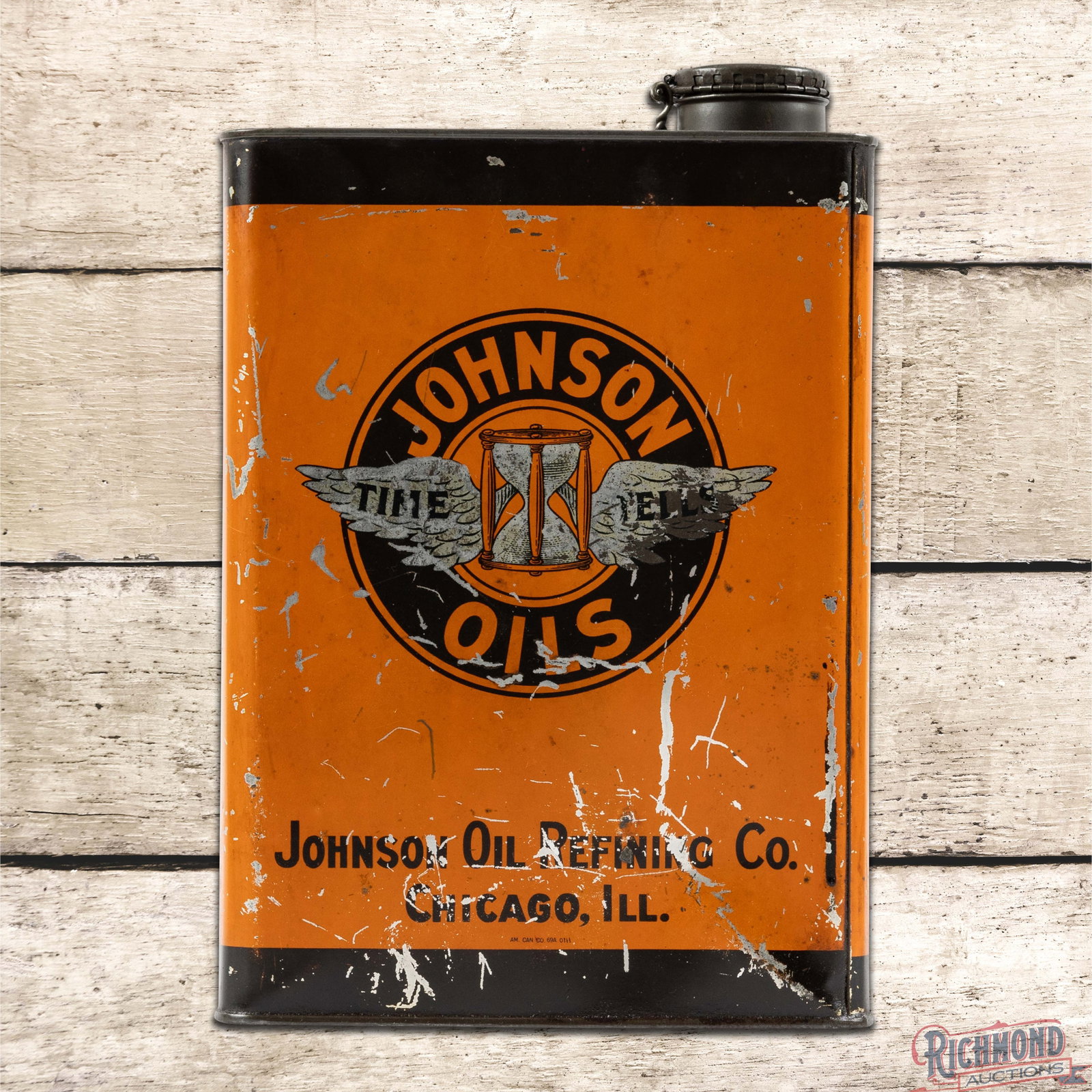 Johnson Oil Refining Co. 1 Gallon Empty Metal Motor Oil Can: Empty metal one gallon can with the original handle and cap has good color and shine. Side #1 has wash in the right side of the logo with surface scratches and an indentation along the lower right cor