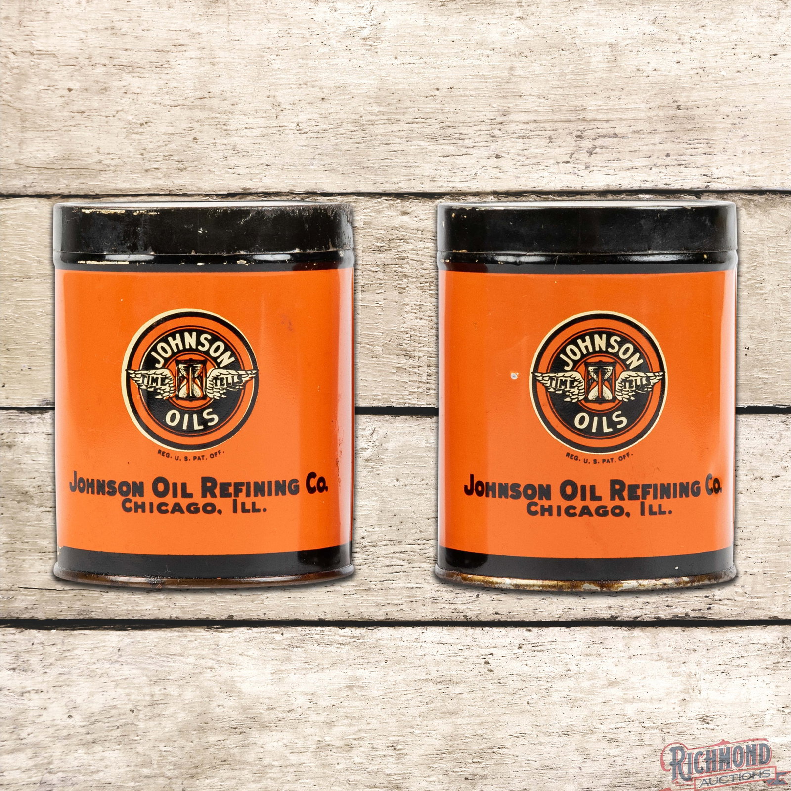 Group of 2 Johnson Oils 1 Pound Metal Grease Cans w/ "Time Tells" Logo (1 of 4)