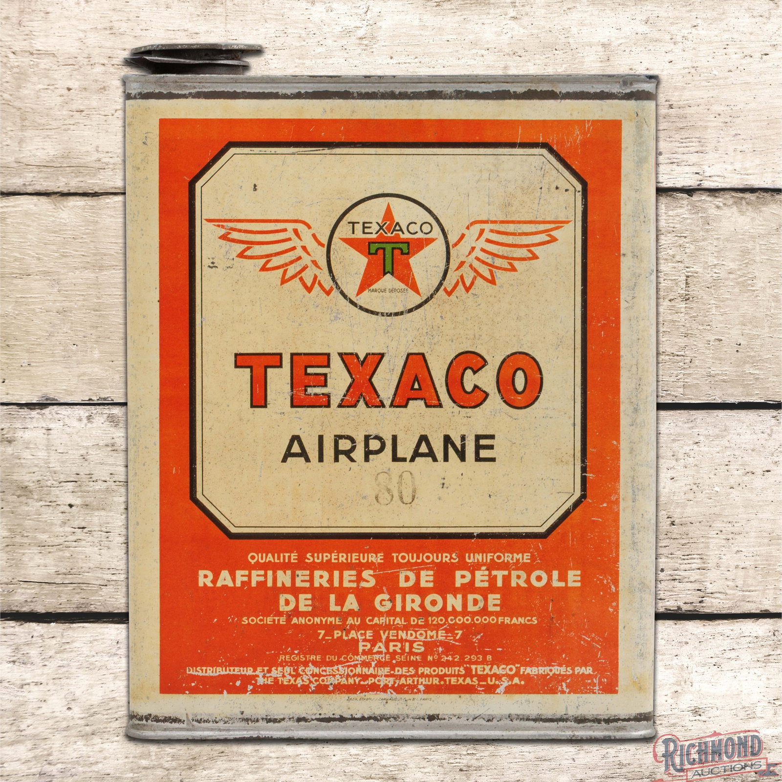 Texaco Airplane Oil 1.5 Gallon Empty Metal Can w/ Wing Logo: Rare Texaco Airplane metal can has good color and shine. The can featured the aviation logo with wings in the upper field. The surface has areas of general wear with additional wear and wash on the ri