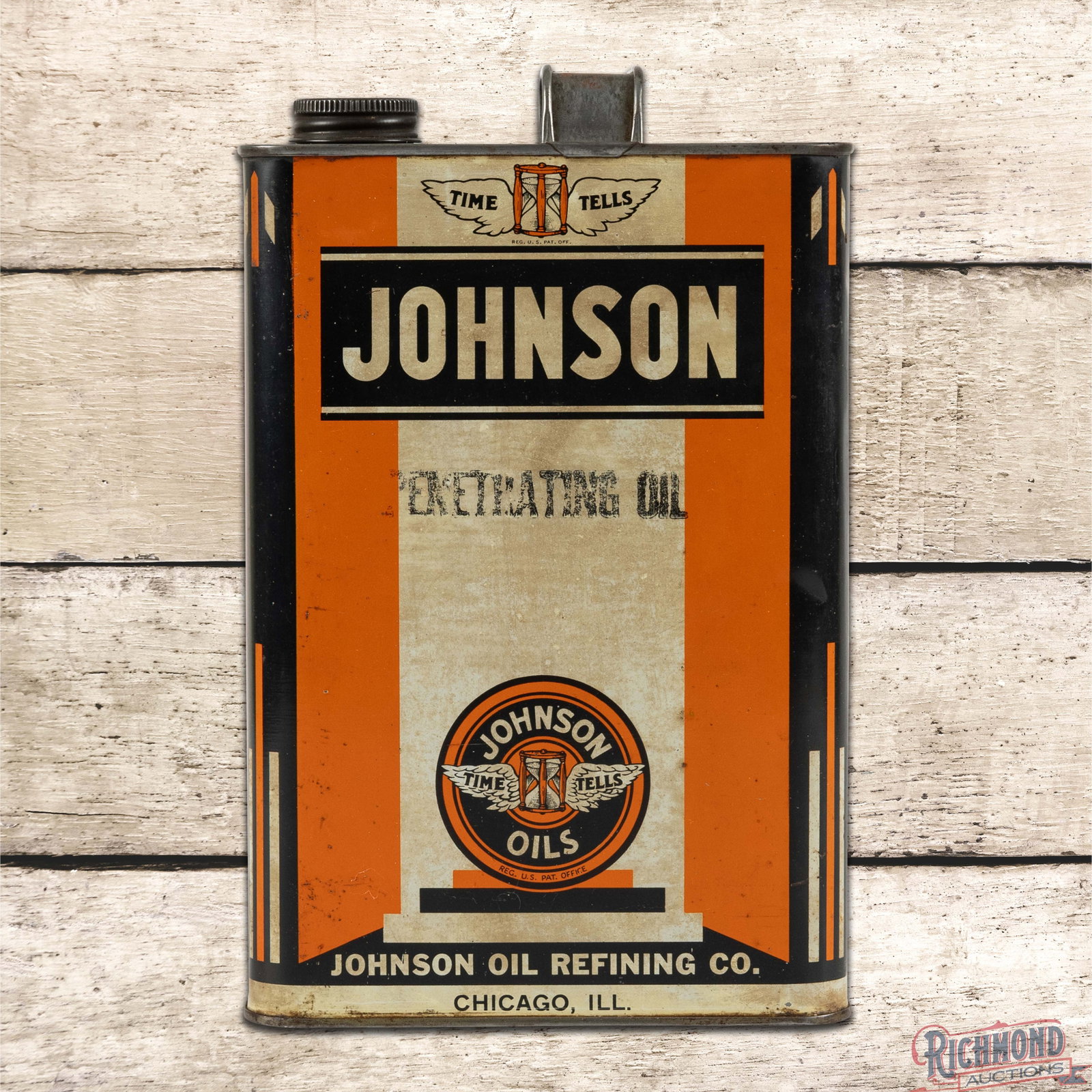 Johnson Oil Refining Co. Penetrating Empty Metal Can w/ Logo: Empty metal gallon can with the original cap and handle has very good color and shine. Side #1 has toning with areas of slight discoloration and small indentations along the edges. The reverse and sid