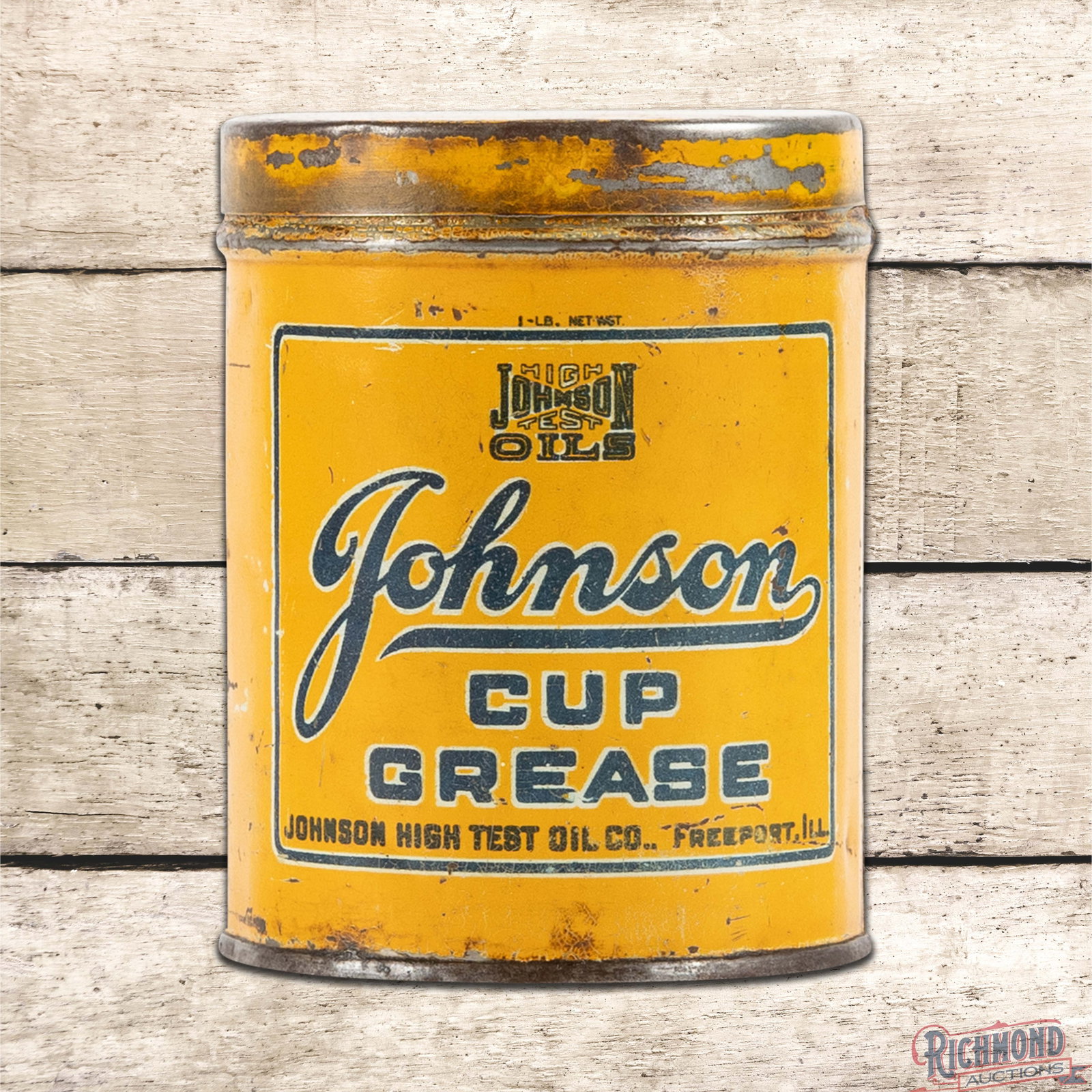 Johnson Oils Empty 1 Pound Metal Cup Grease Can Freeport Illinois: Empty one pound metal can with the original lid has very good color and shine. Side #1 has light wear with small paint chips and indentations along the perimeter. The reverse has additional surface we