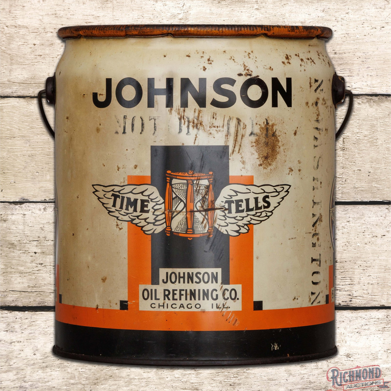 Johnson Oil Refining Co. "Time Tells" 5 Gallon Empty Metal Oil Can w/ Logos: Empty five-gallon can with the original handle and cap has good color and shine. The display has surface wear with an indentation above the "Time Tells" graphic. The reverse has additional toning with