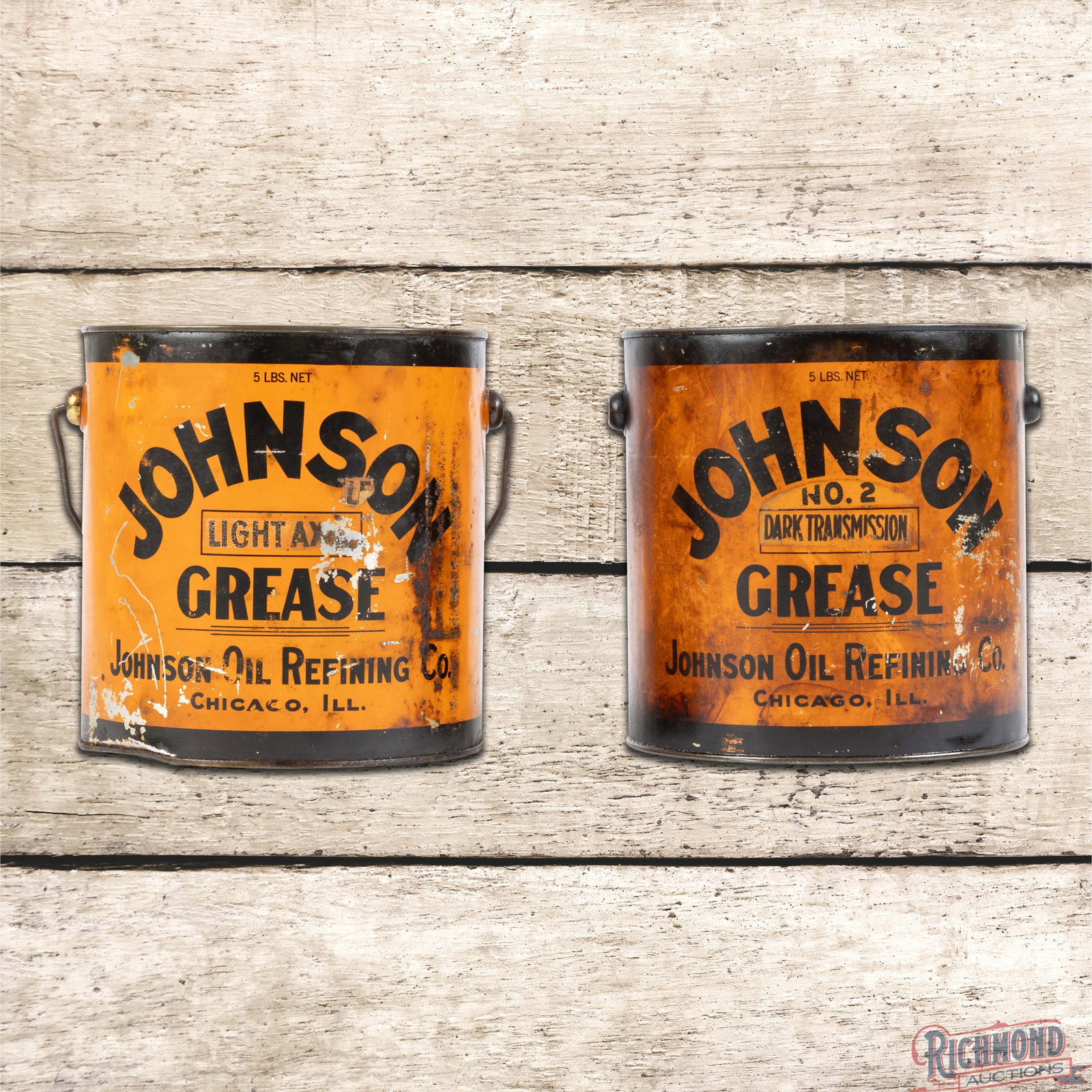 Pair of Johnson Oils 5 Pound Metal Grease Cans: Two Johnson five pound grease cans. Can #1 has product inside and retains the original lid and handle. The display has paint loss with scratches and small dents in the right outer fields. The reverse 