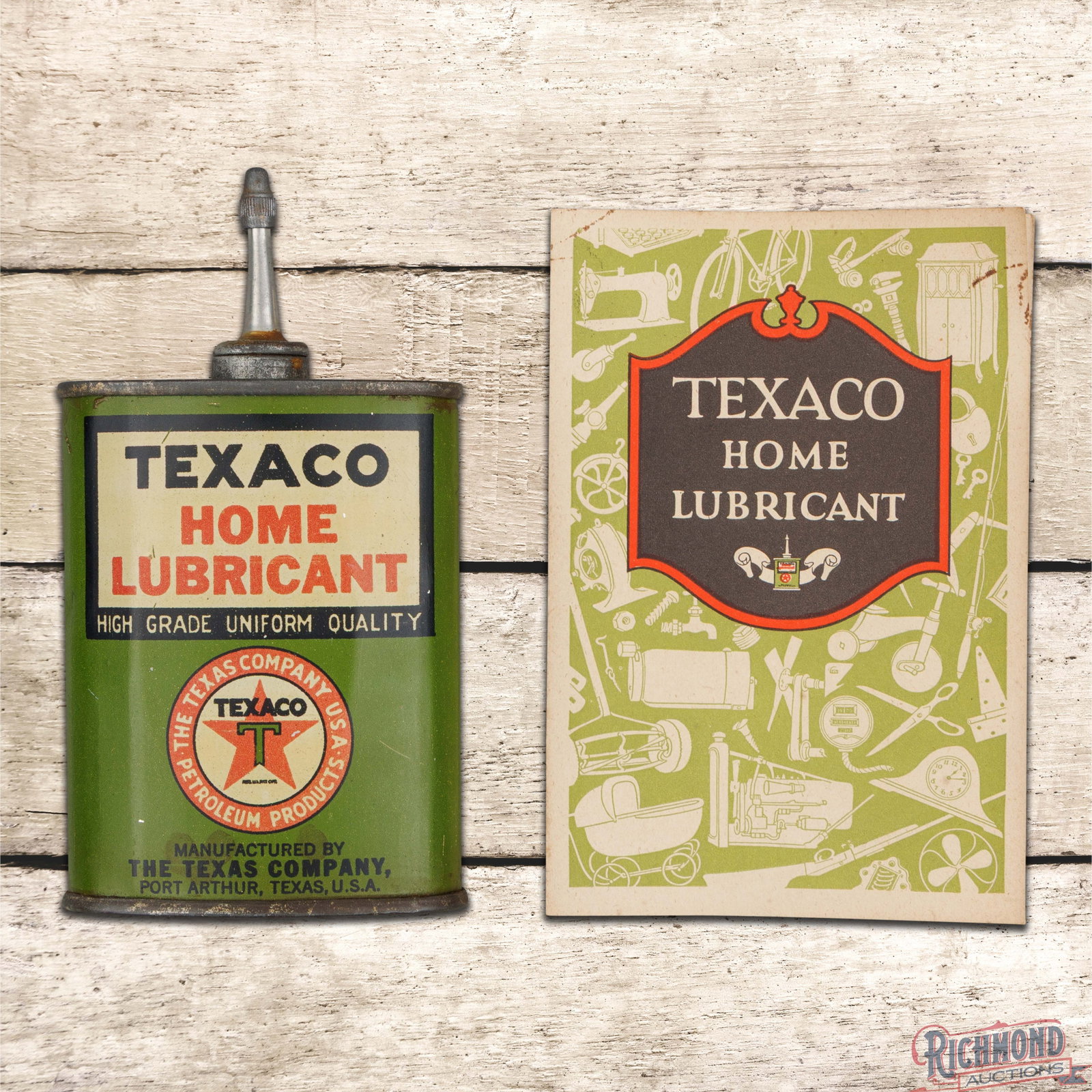 Texaco Home Lubricant Empty 4 Ounce Metal Lead top Handy Oiler Can w/ Brochure (1 of 5)