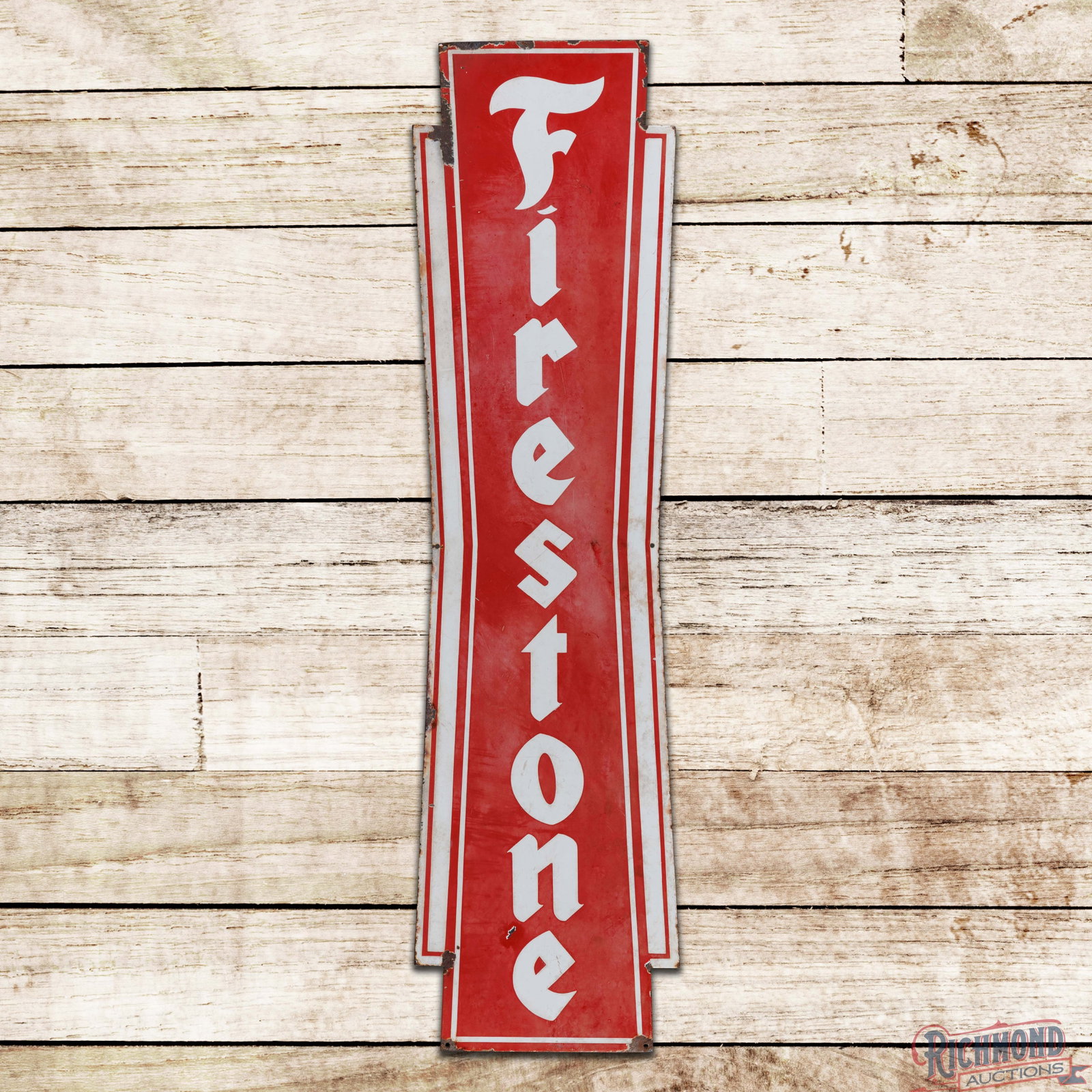 Firestone Tires Vertical 4' Die Cut SSP Sign: SSP die cut sign has moderate color and gloss. The sign has areas of surface wear with fading and cloudiness. The outer fields and perimeter have chips with oxidation and discoloration. Overall a uniq