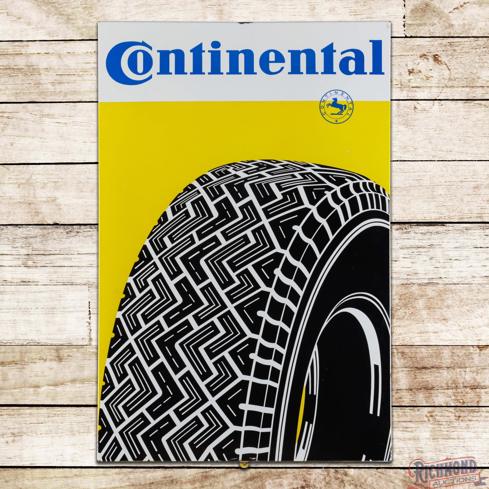 Continental Tires 3' SSP Sign w/ Logo: SSP rolled edge sign has excellent color and gloss. The field is clean. The perimeter has small chips with light wear. Marked Made in Germany 70. 35.5" H X 23.5" W. Condition: 9.0+. All items are guar