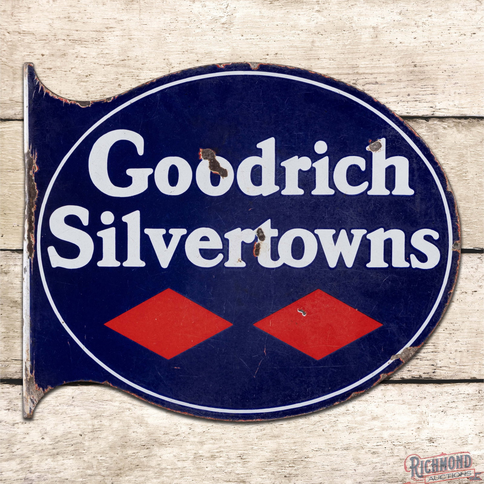 Goodrich Silvertowns Tires DSP Flange Sign: DSP flange has good color and gloss. Side #1 has surface wear with fine scratches and chips. The perimeter has edge wear with chips on the inner flange. The reverse has additional surface wear with le