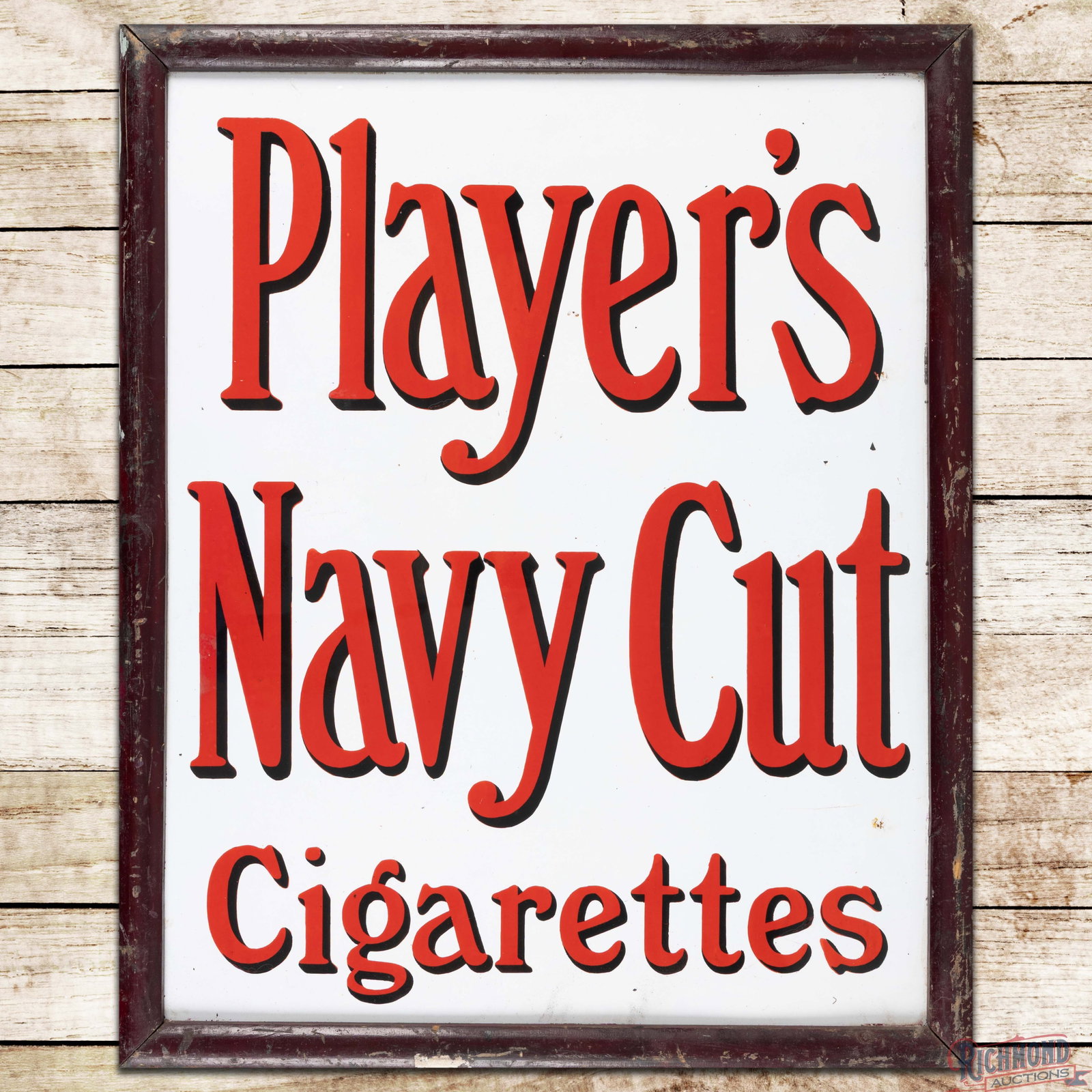 Players Navy Cut Cigarettes SSP Sign w/ Wooden Frame: SSP sign with a wooden frame has excellent color and gloss. The display has light wear with tiny chips and small factory blemishes. The wooden frame is in good condition with paint chips and surface w